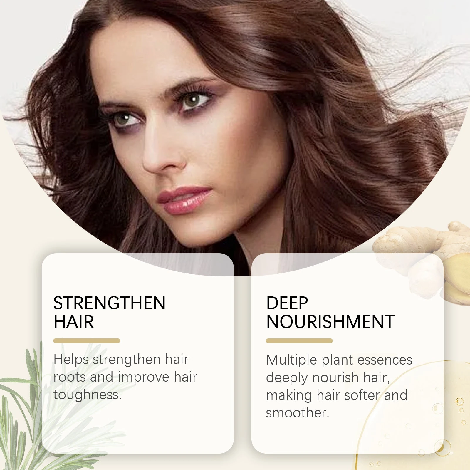 rosemary spray artwork with a long-haired model and nourishment features