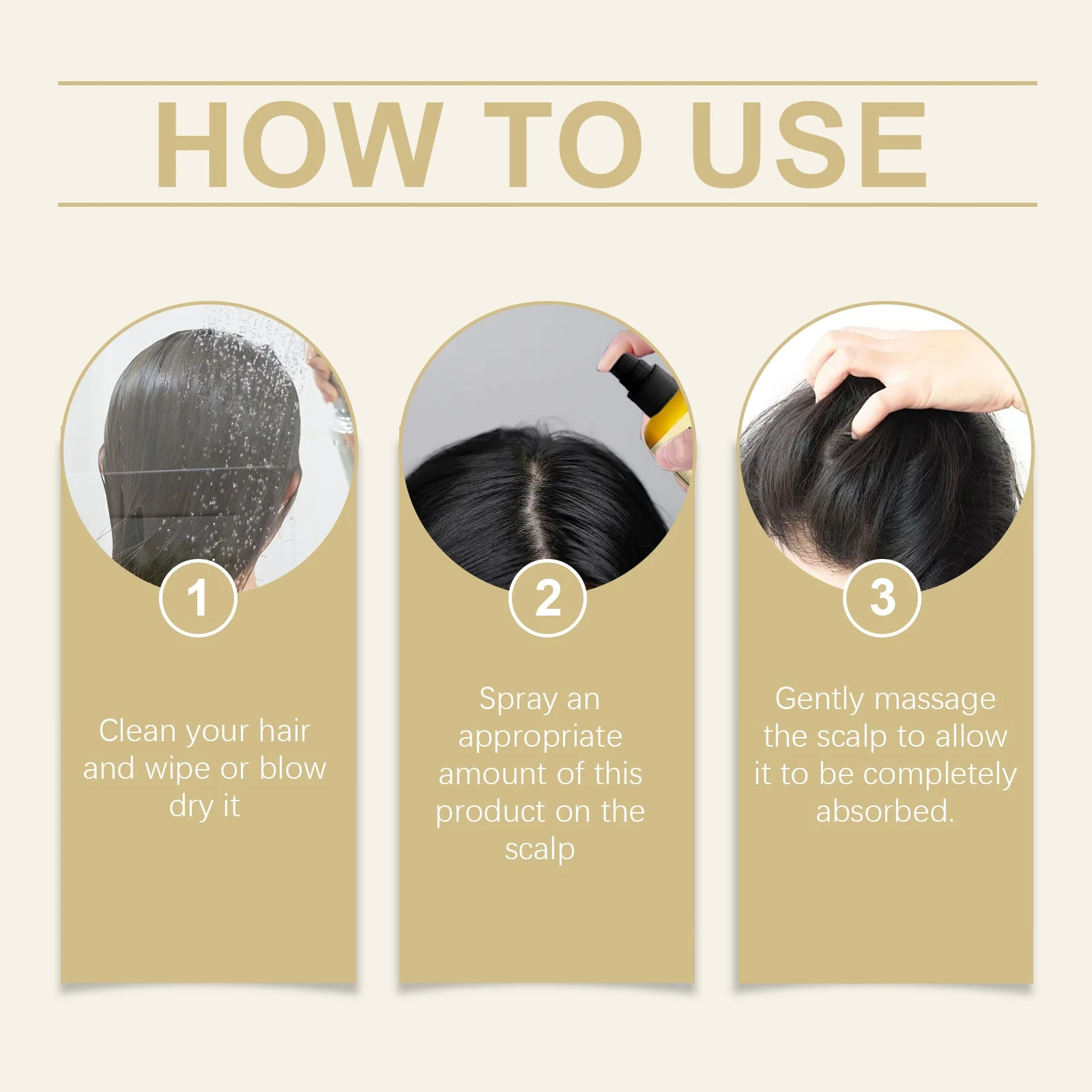 Illustrated routine for drying hair, spraying the scalp and massaging