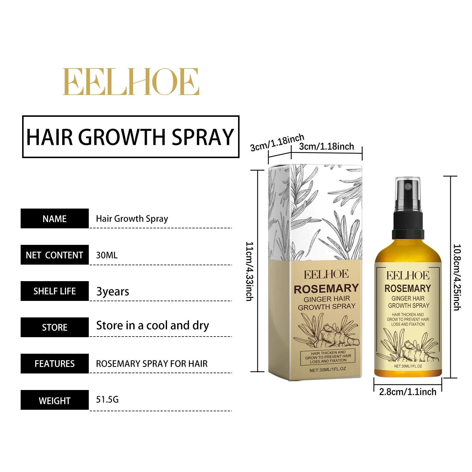 EELHOE Rosemary Hair Growth Spray — 30ml bottle and packaging dimensions.