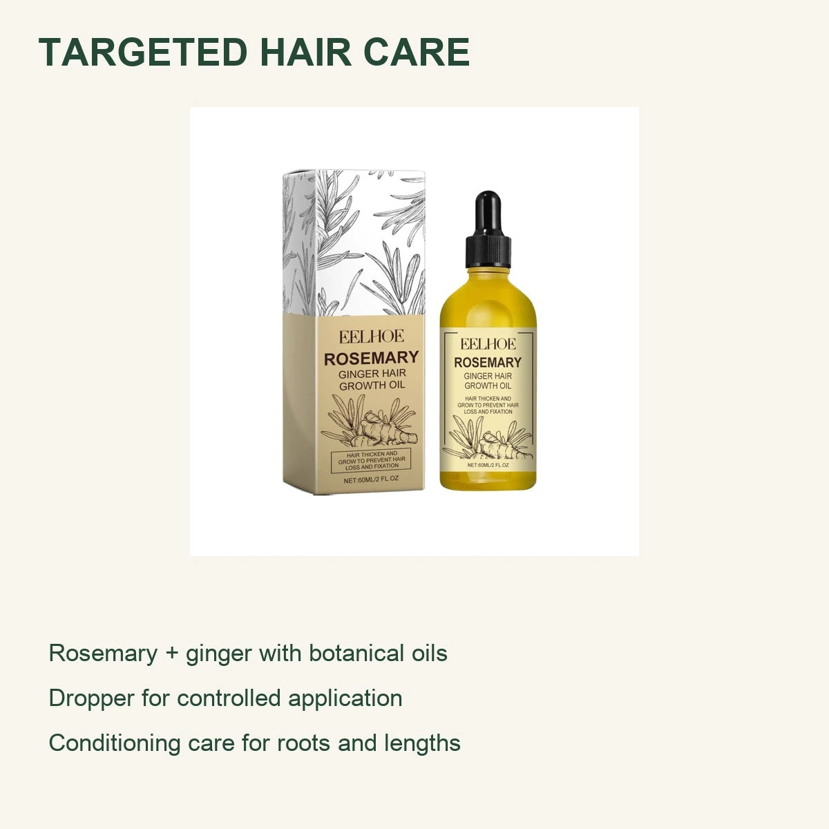 EELHOE rosemary oil product card with botanical highlights and dropper application
