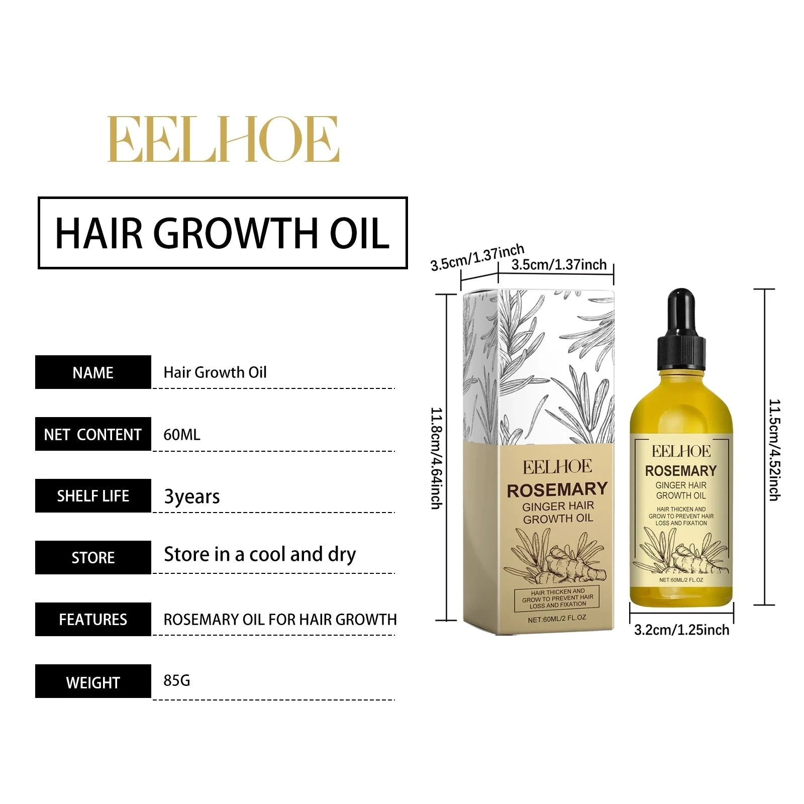 EELHOE Rosemary Hair Oil — The 60ml bottle and carton dimensions.