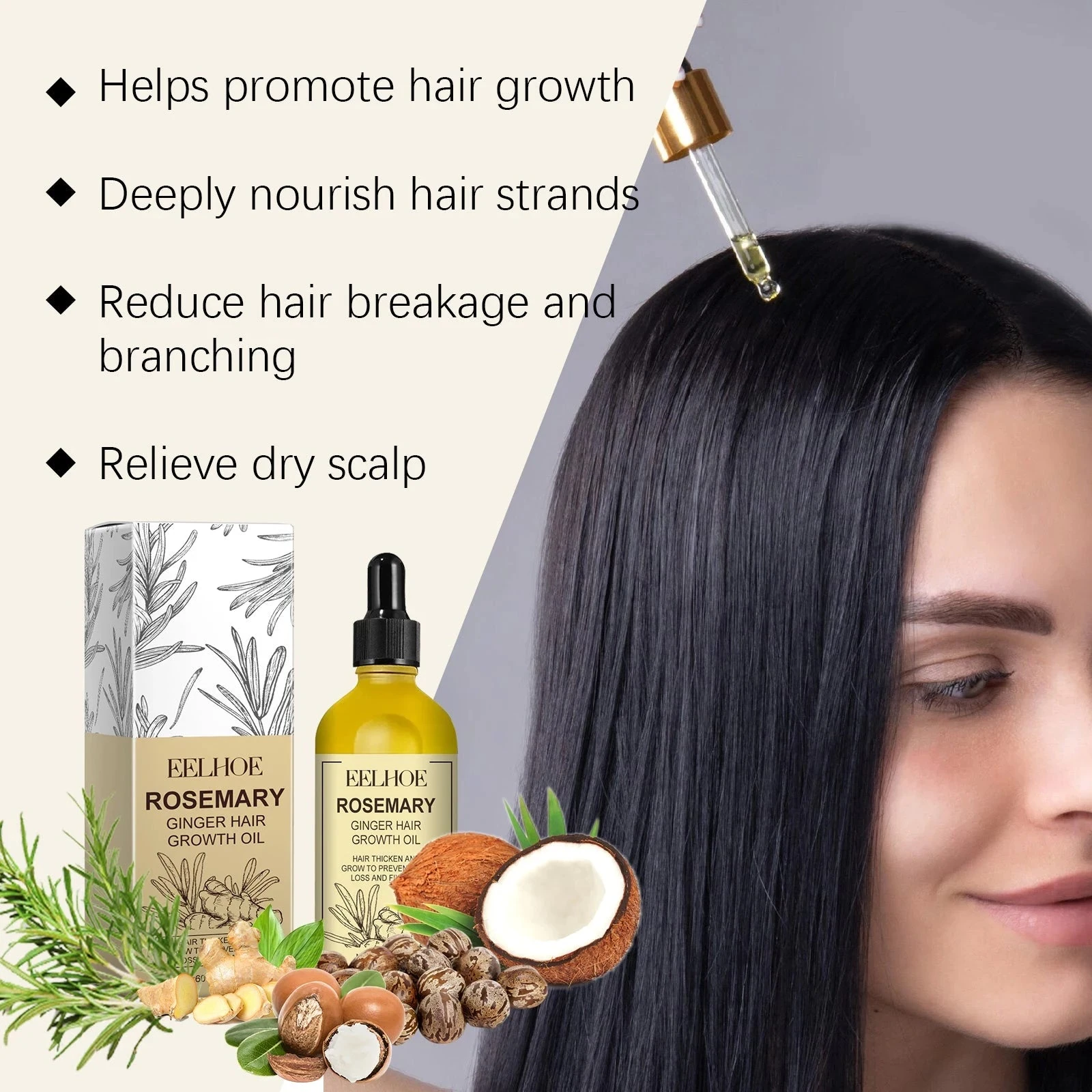 EELHOE Rosemary Hair Oil — Dropper application concept and botanical ingredients.