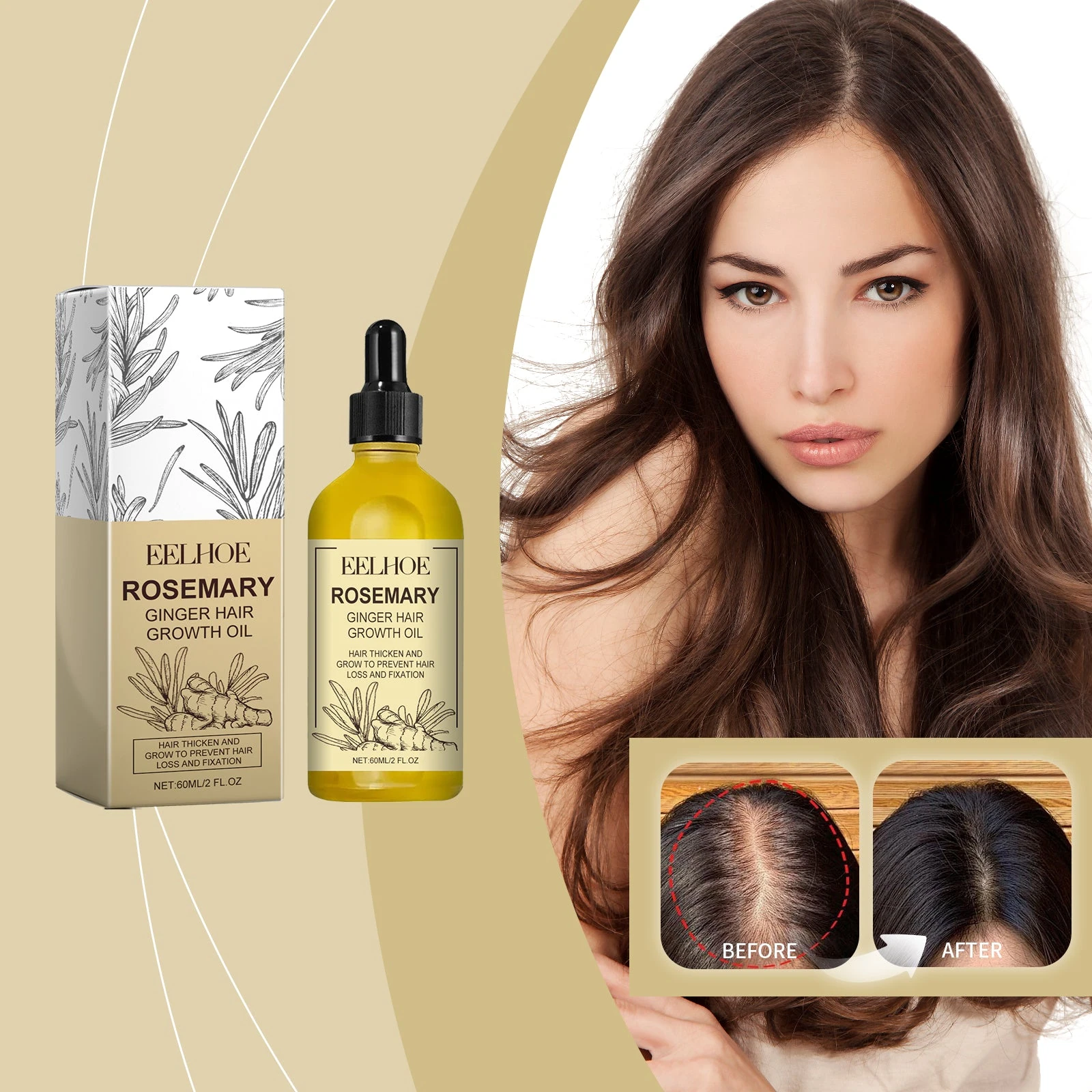 EELHOE Rosemary Hair Oil — hair-care artwork beside the dropper bottle.