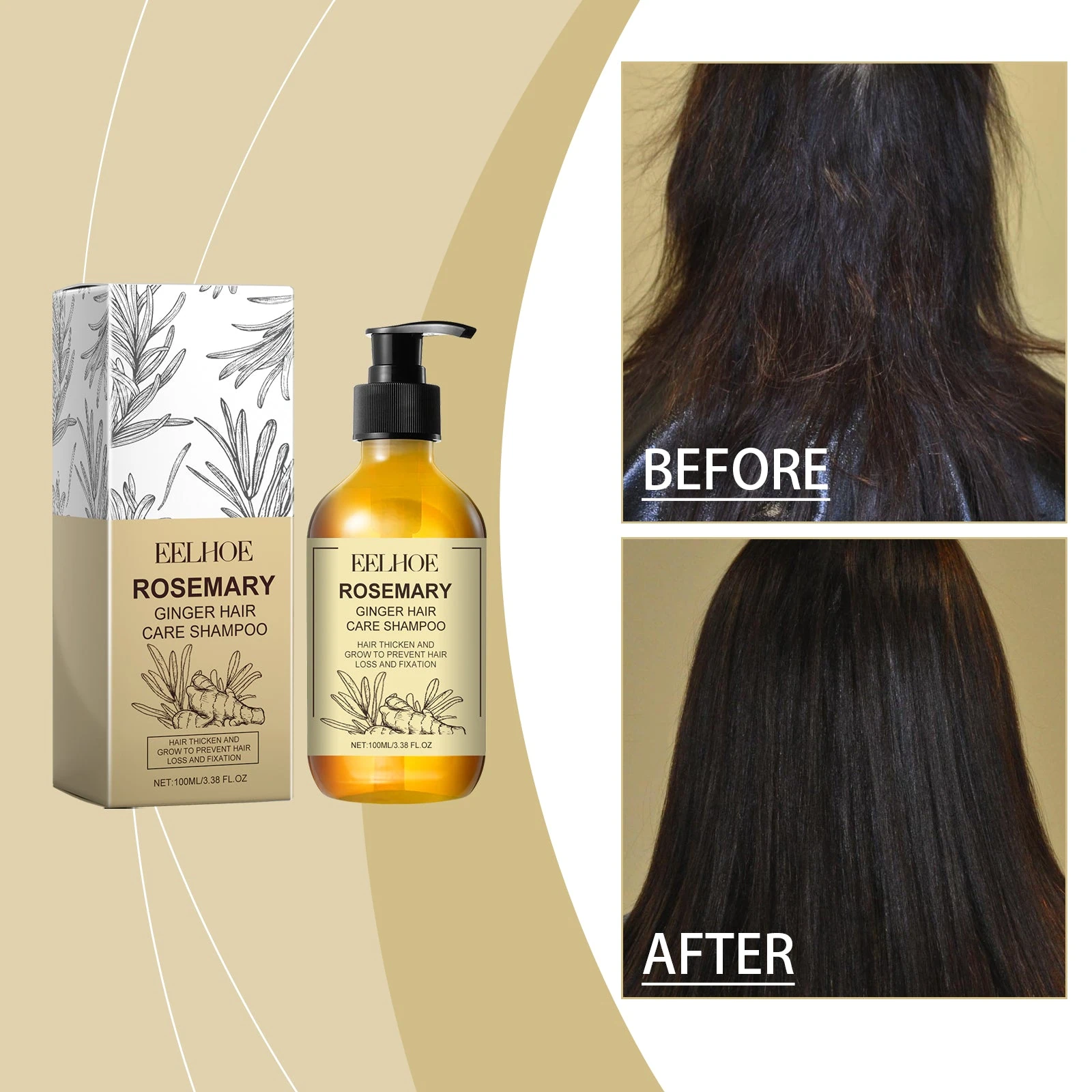 EELHOE Rosemary Shampoo — shampoo artwork with hair texture photographs.