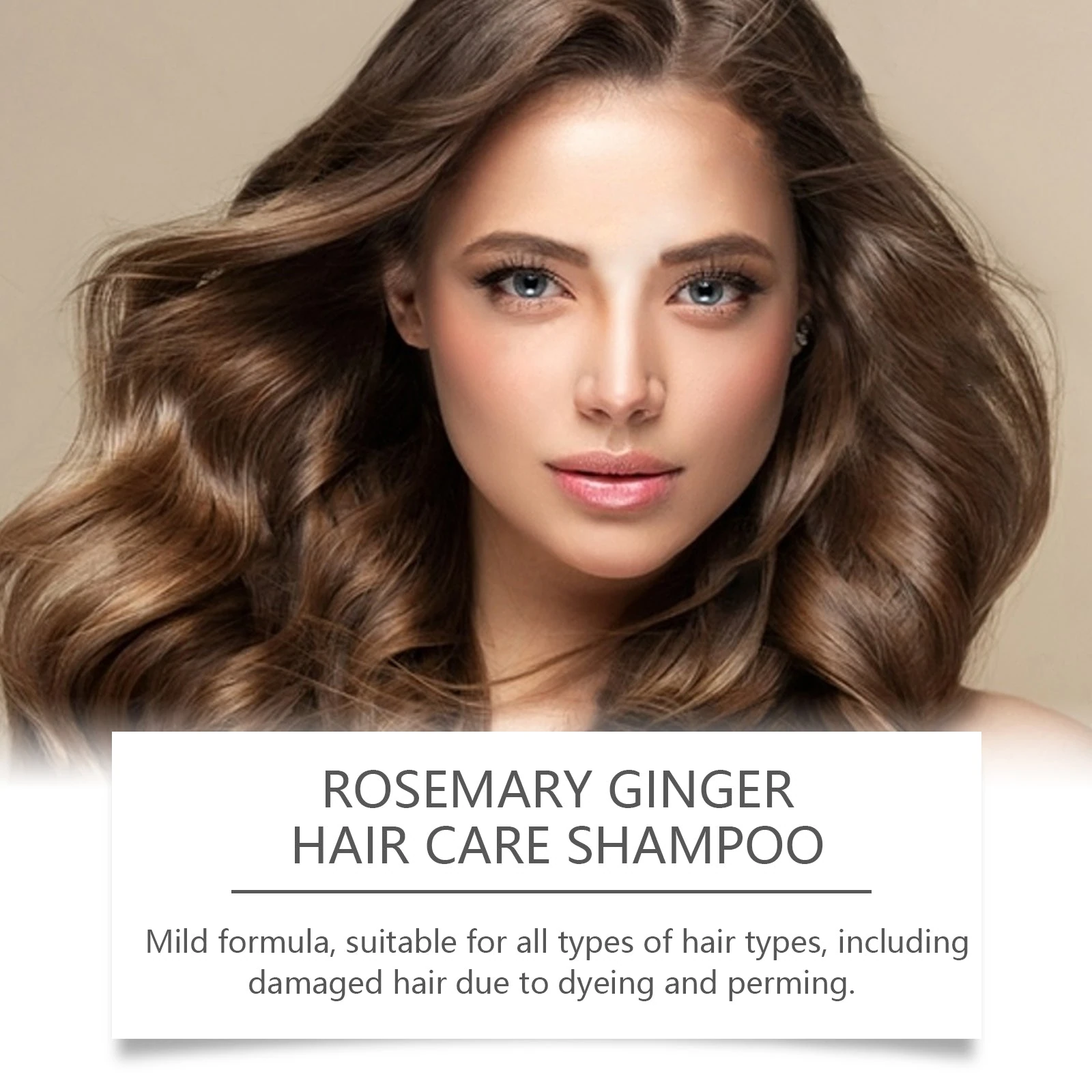 Curly-haired model in rosemary ginger shampoo artwork
