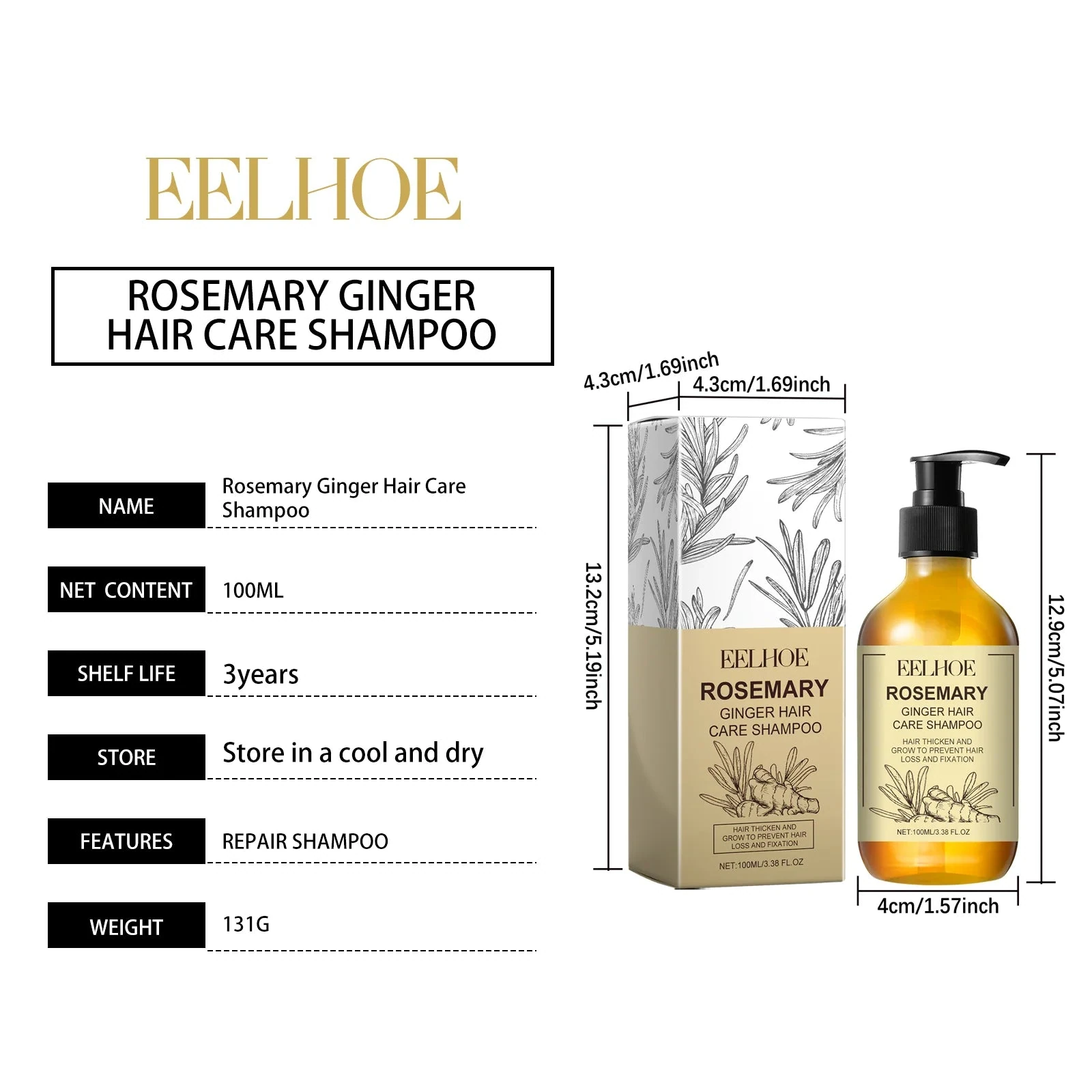 EELHOE Rosemary Shampoo — 100ml pump bottle and carton dimensions.