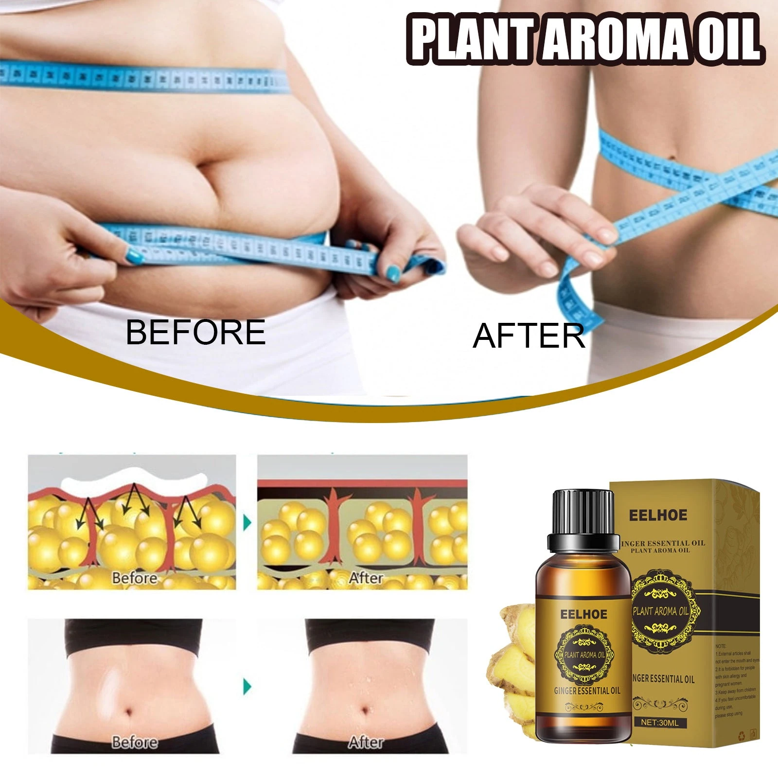 EELHOE Ginger Massage Oil — Supplier body-care illustration and bottle.