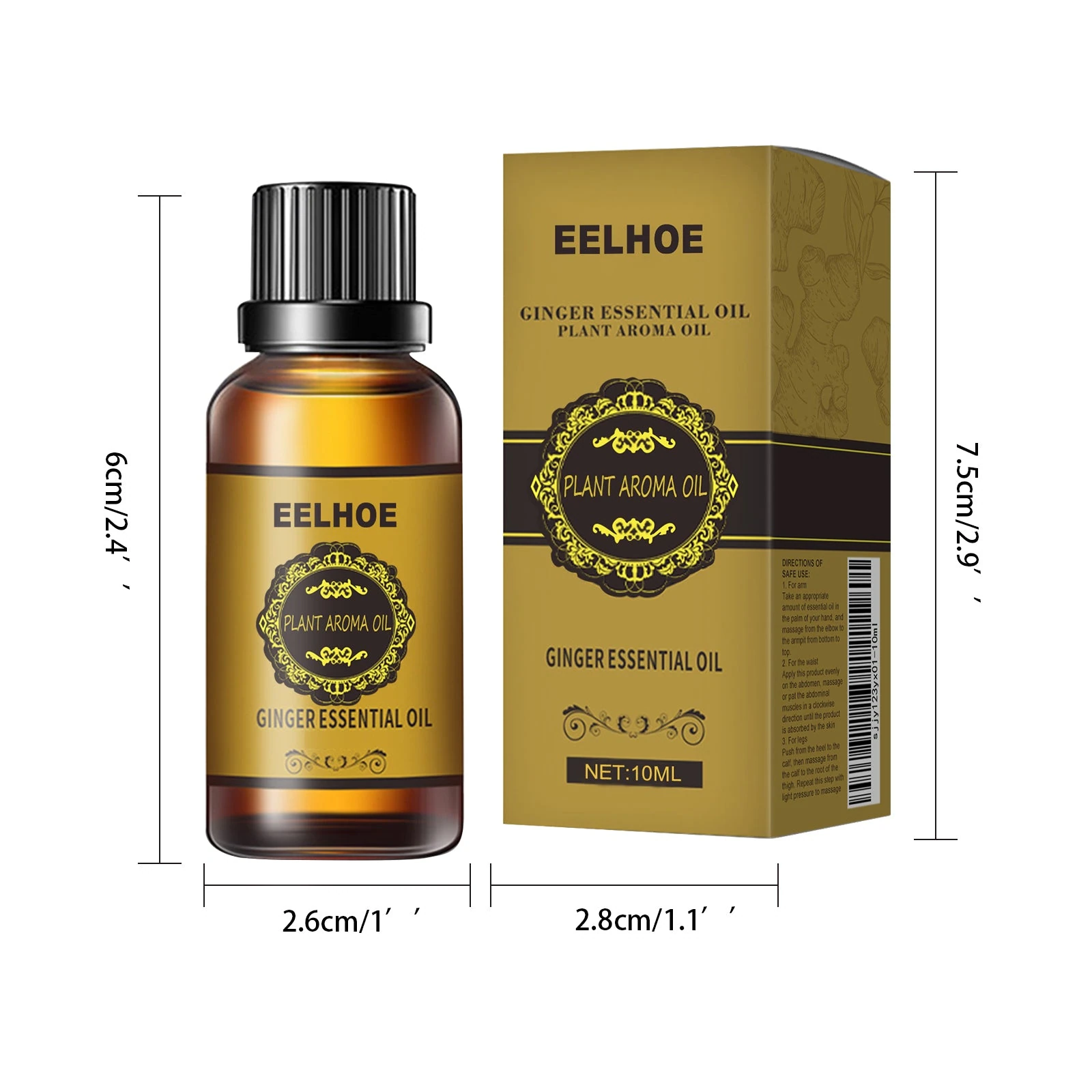 EELHOE Ginger Massage Oil — 10ml bottle and carton dimensions.