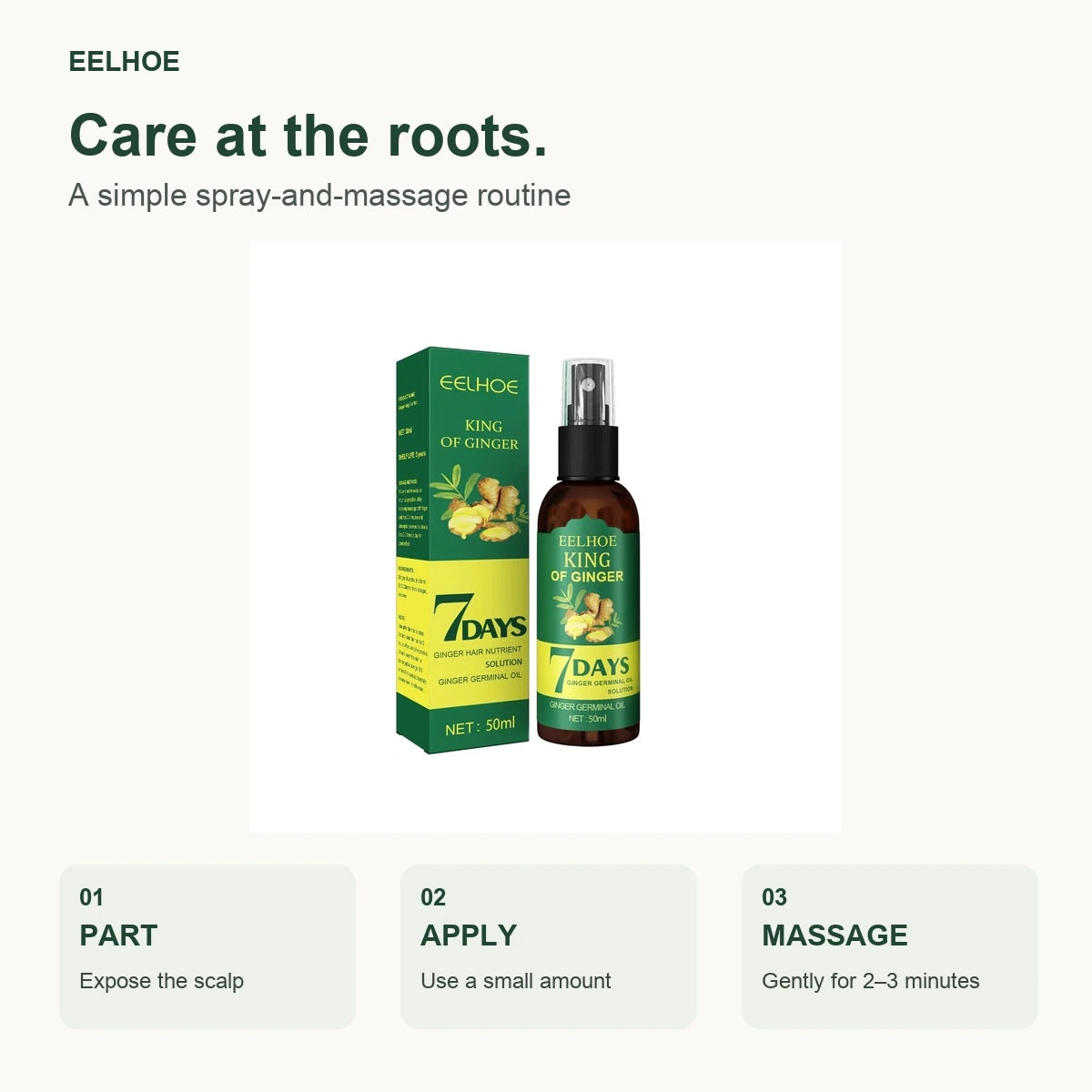 EELHOE Scalp Spray — Part the hair, apply a little and massage gently.