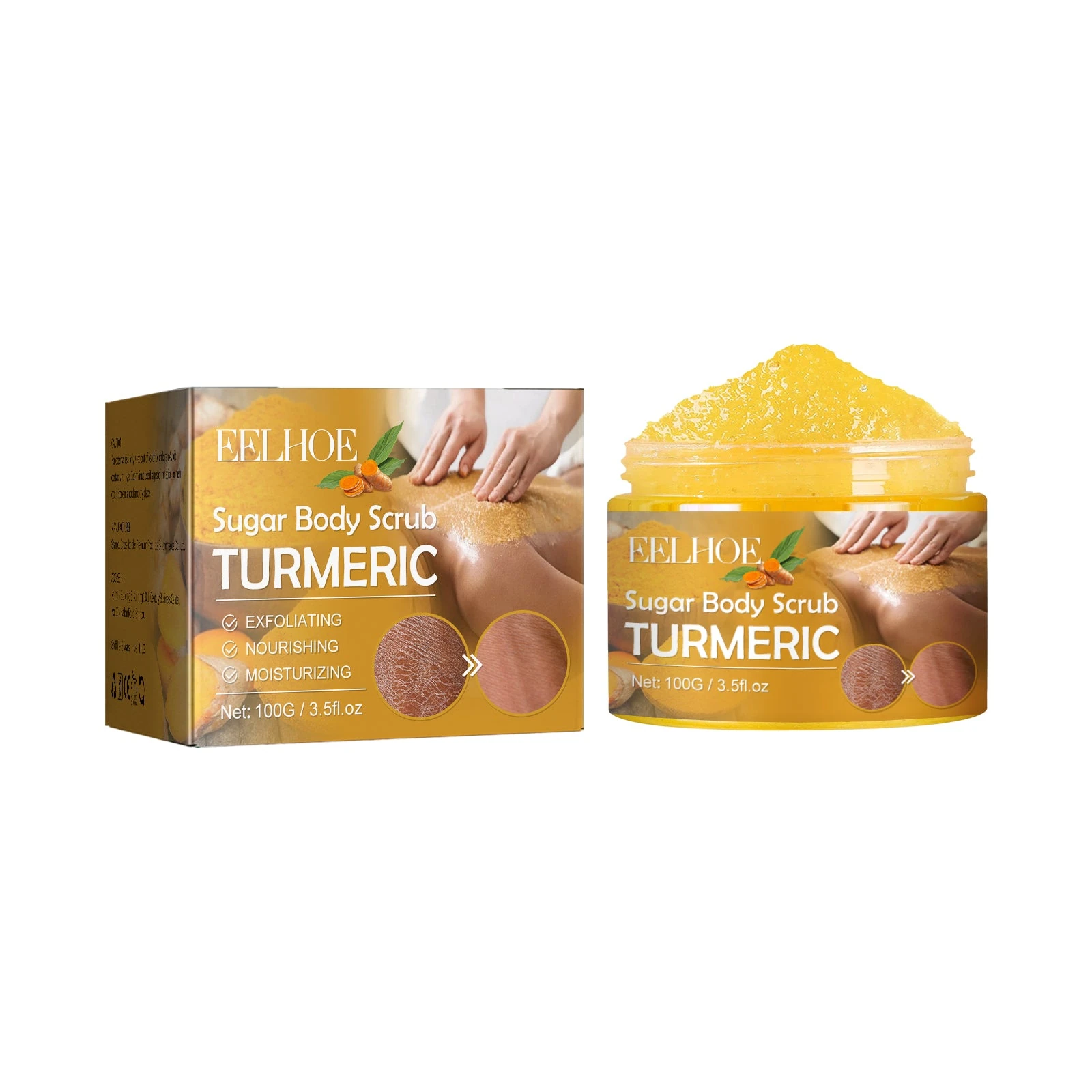 EELHOE turmeric sugar body scrub jar and yellow carton