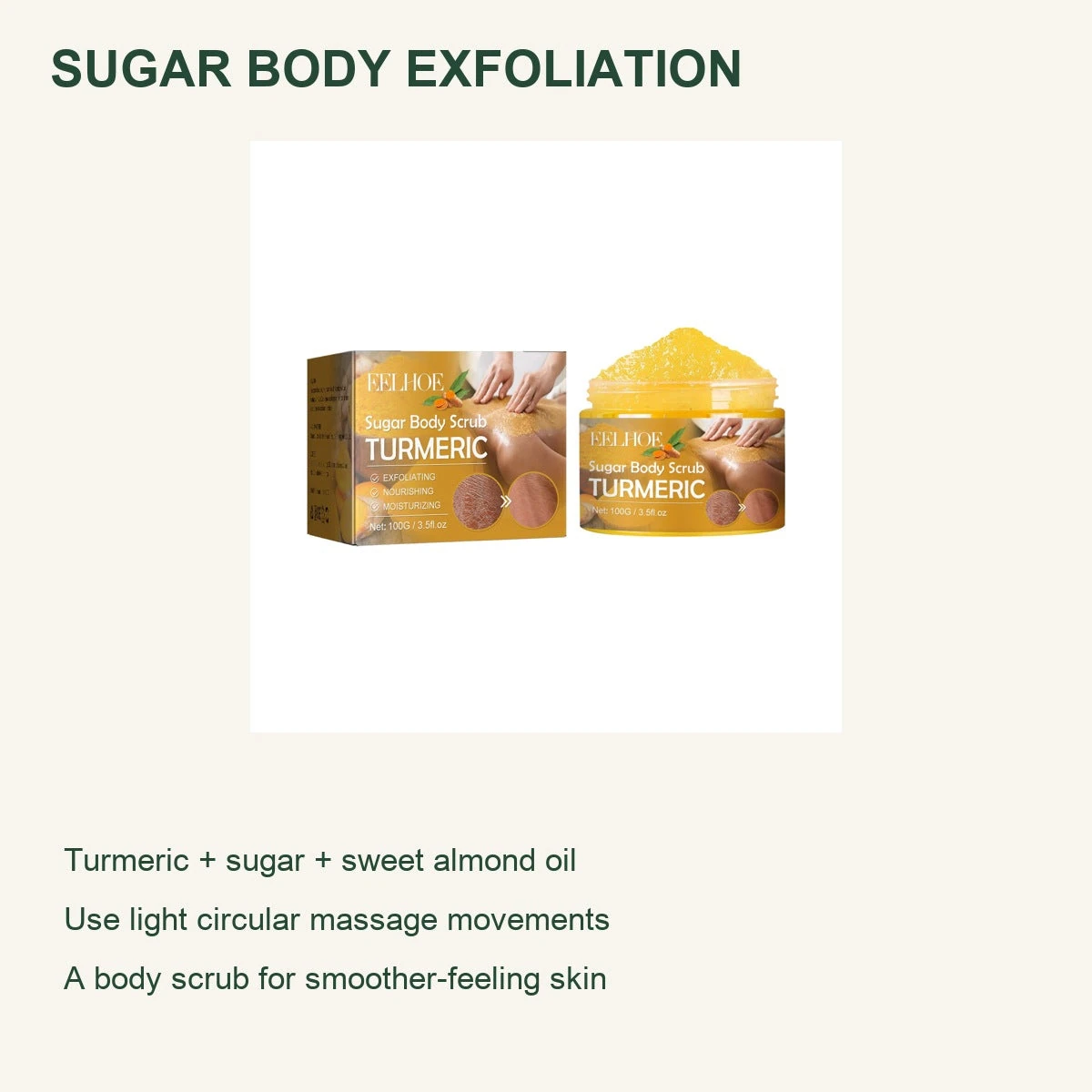Sugar body scrub product card with botanical oils and gentle massage guidance