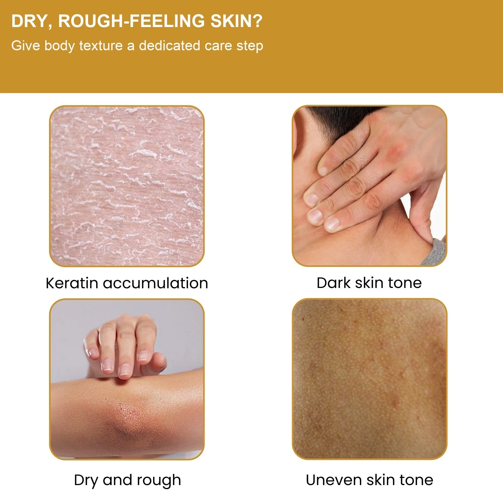 EELHOE Turmeric Body Scrub — Dryness, rough texture and uneven-looking tone illustrations.