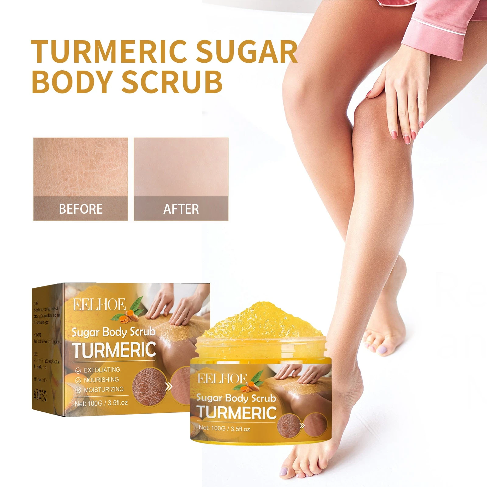 EELHOE Turmeric Body Scrub — Sugar body scrub with leg-care photography.