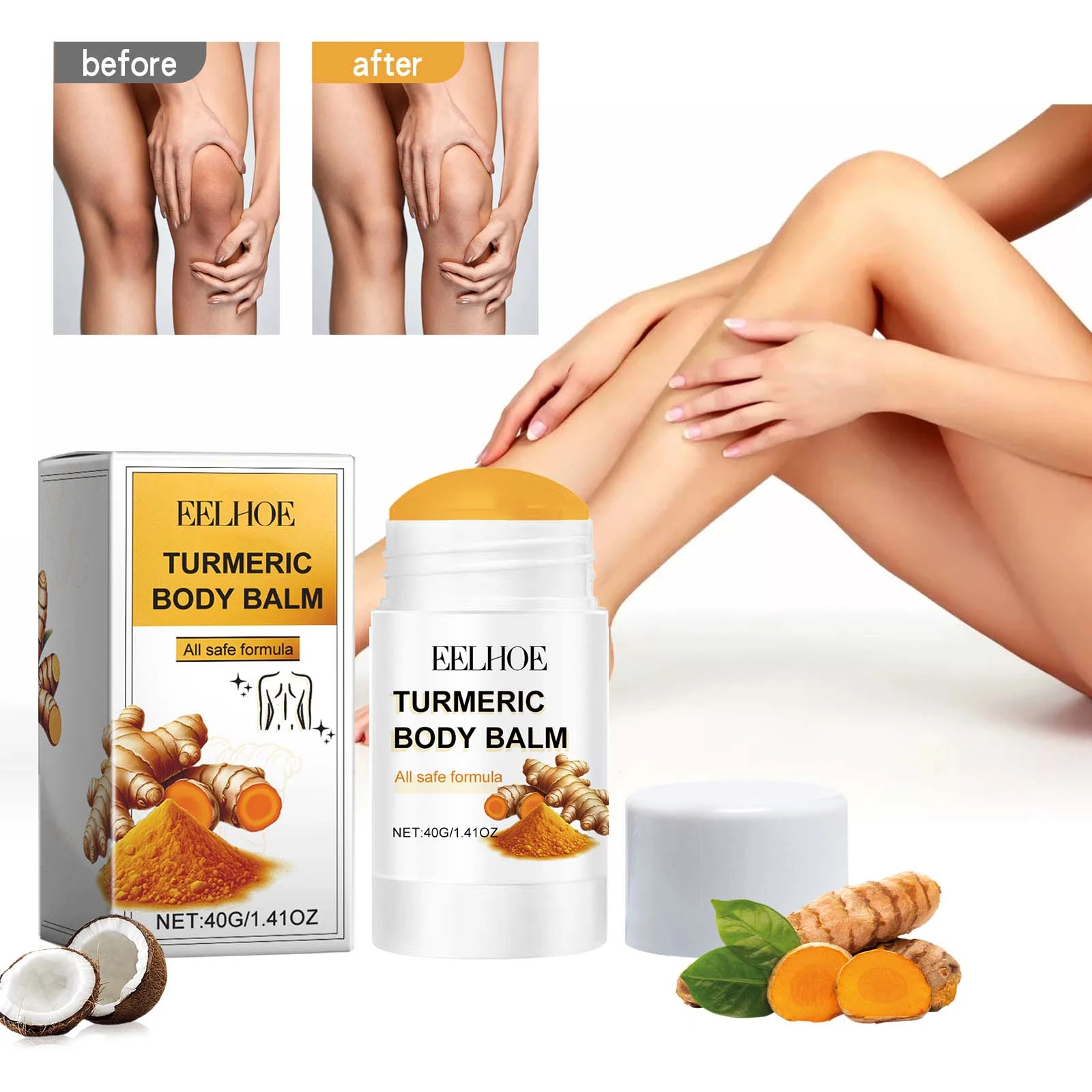 Turmeric body balm stick beside legs and body-care photographs