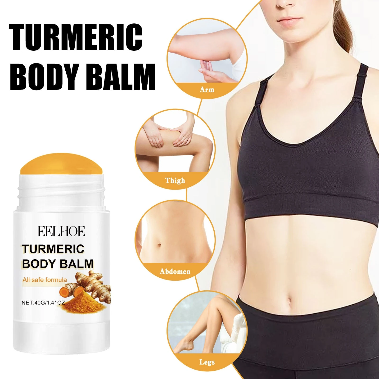 Turmeric body balm application diagram showing arms, thighs, abdomen and legs