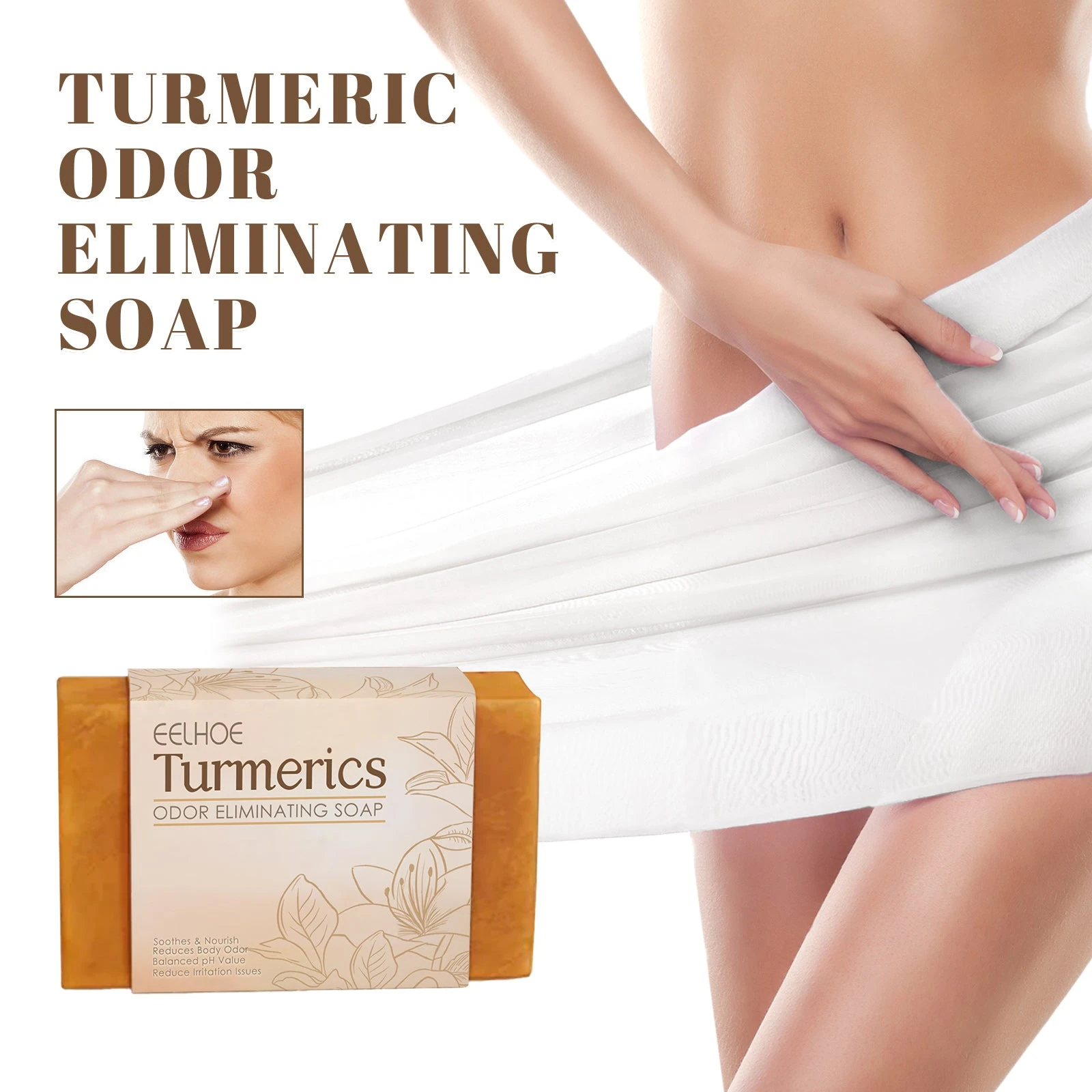 Turmeric body cleansing bar beside shower and body-care imagery
