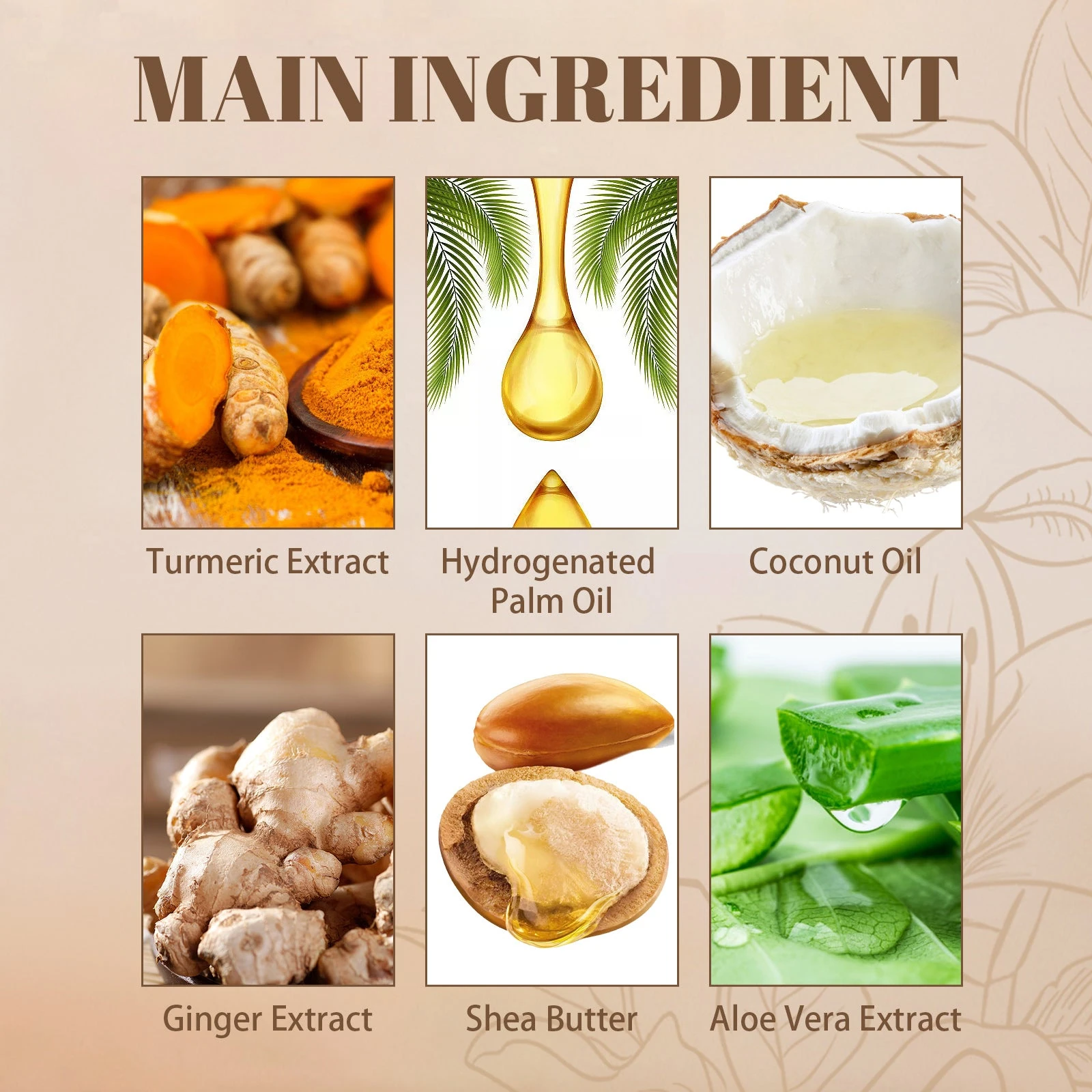 Body soap ingredients showing turmeric, palm oil, coconut oil, ginger, shea butter and aloe