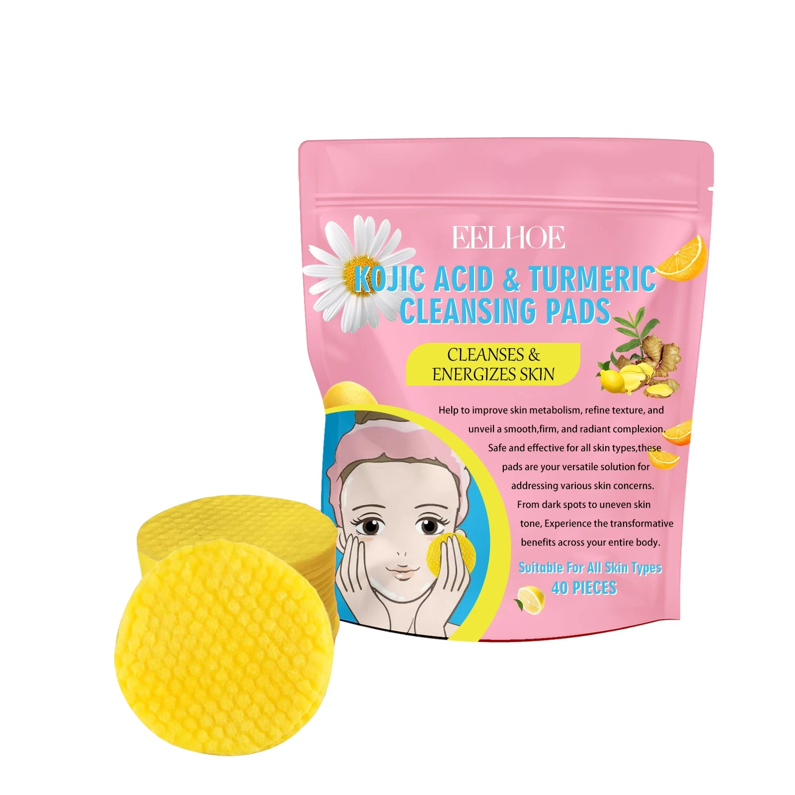 EELHOE turmeric cleansing pads in a pink forty-pad pouch
