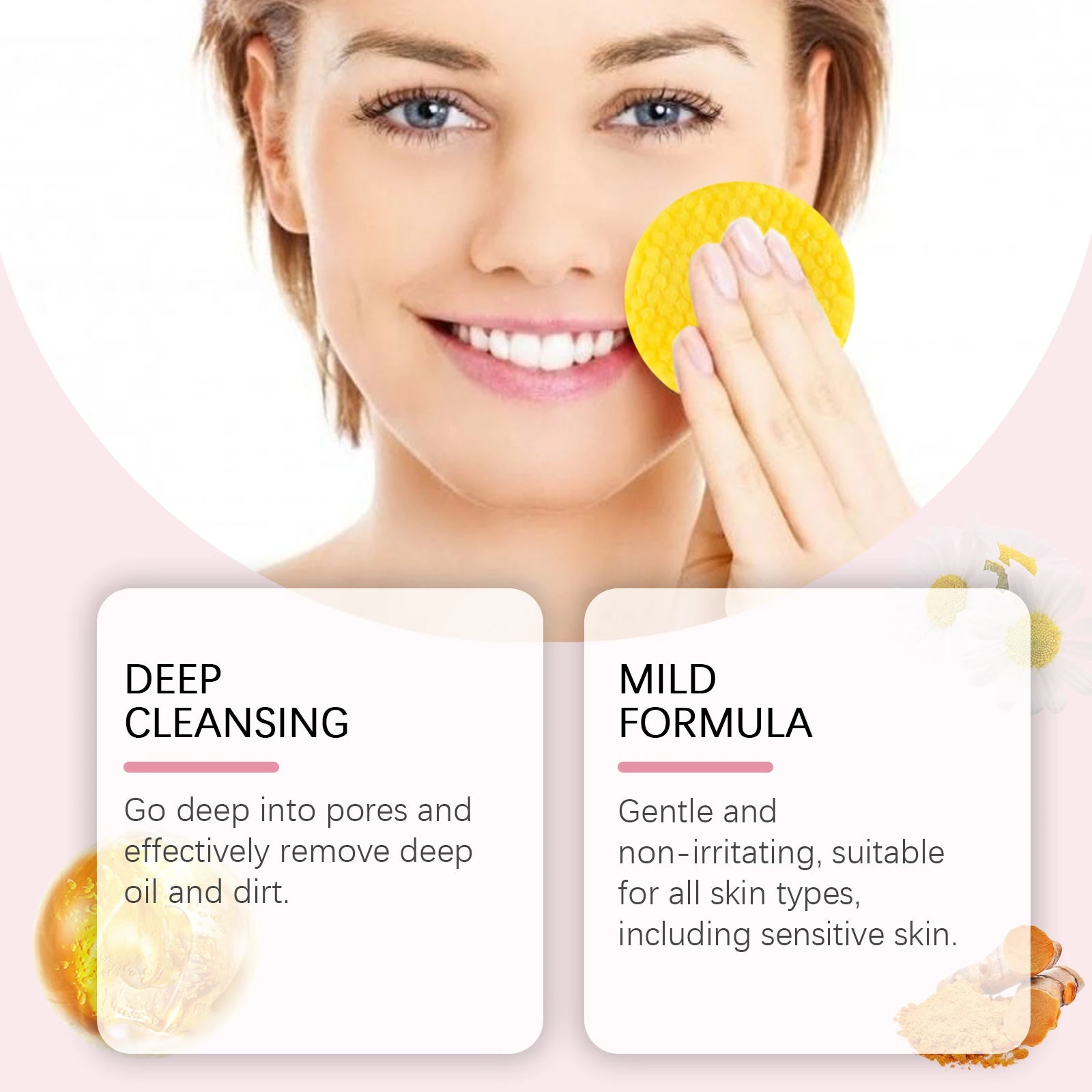 Facial pad application with cleansing and formula highlights