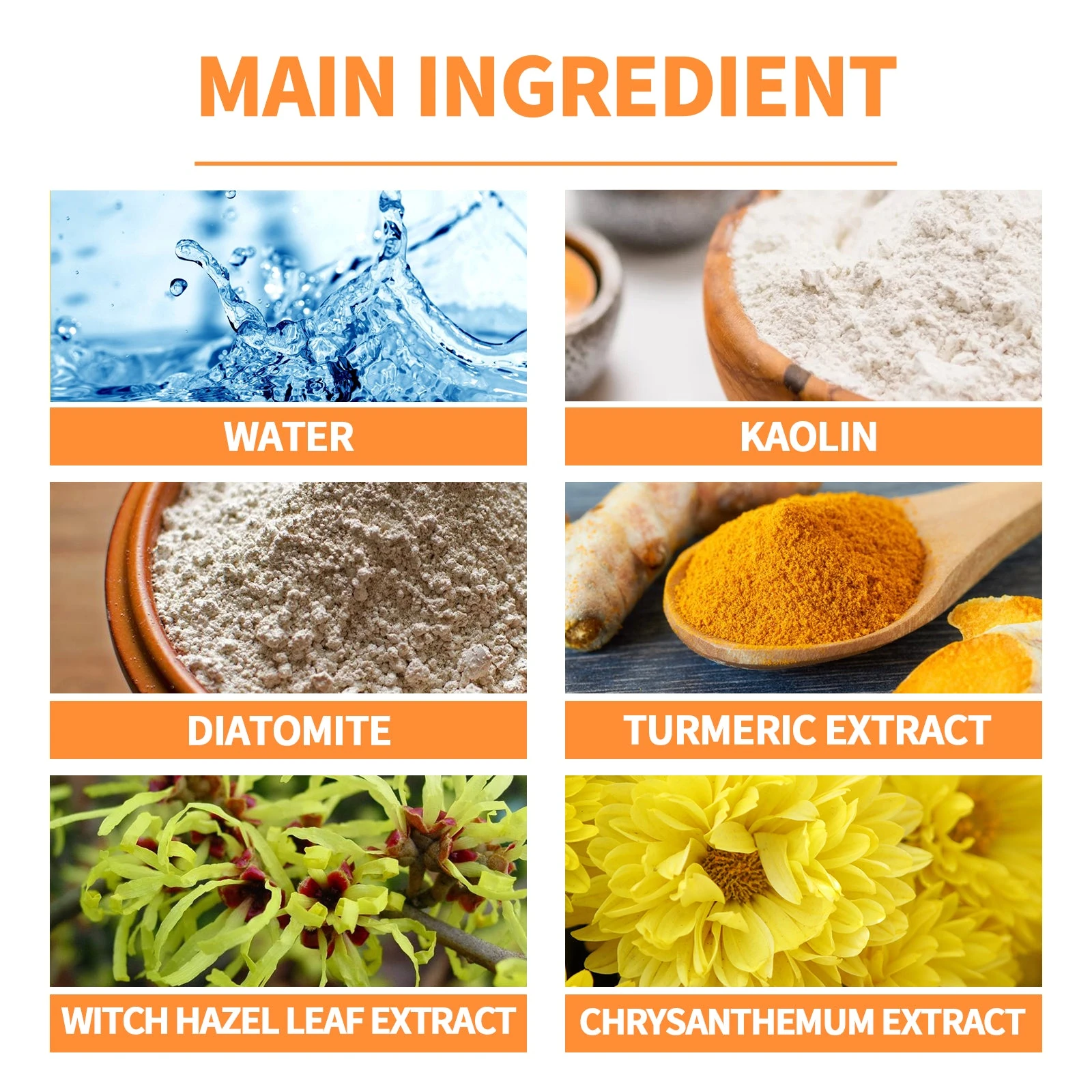 Mask ingredient highlights showing kaolin, diatomite, turmeric, witch hazel and chrysanthemum