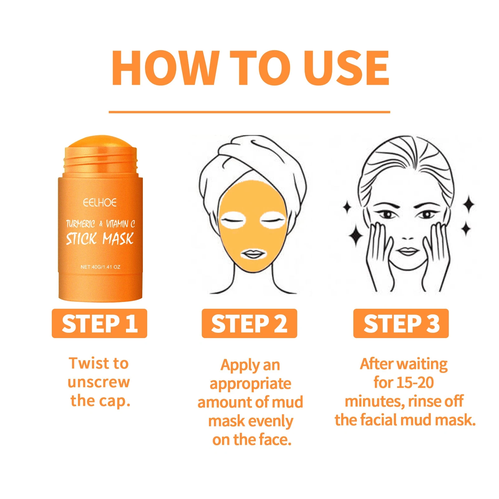 Directions to apply the facial mask, wait 15–20 minutes and rinse
