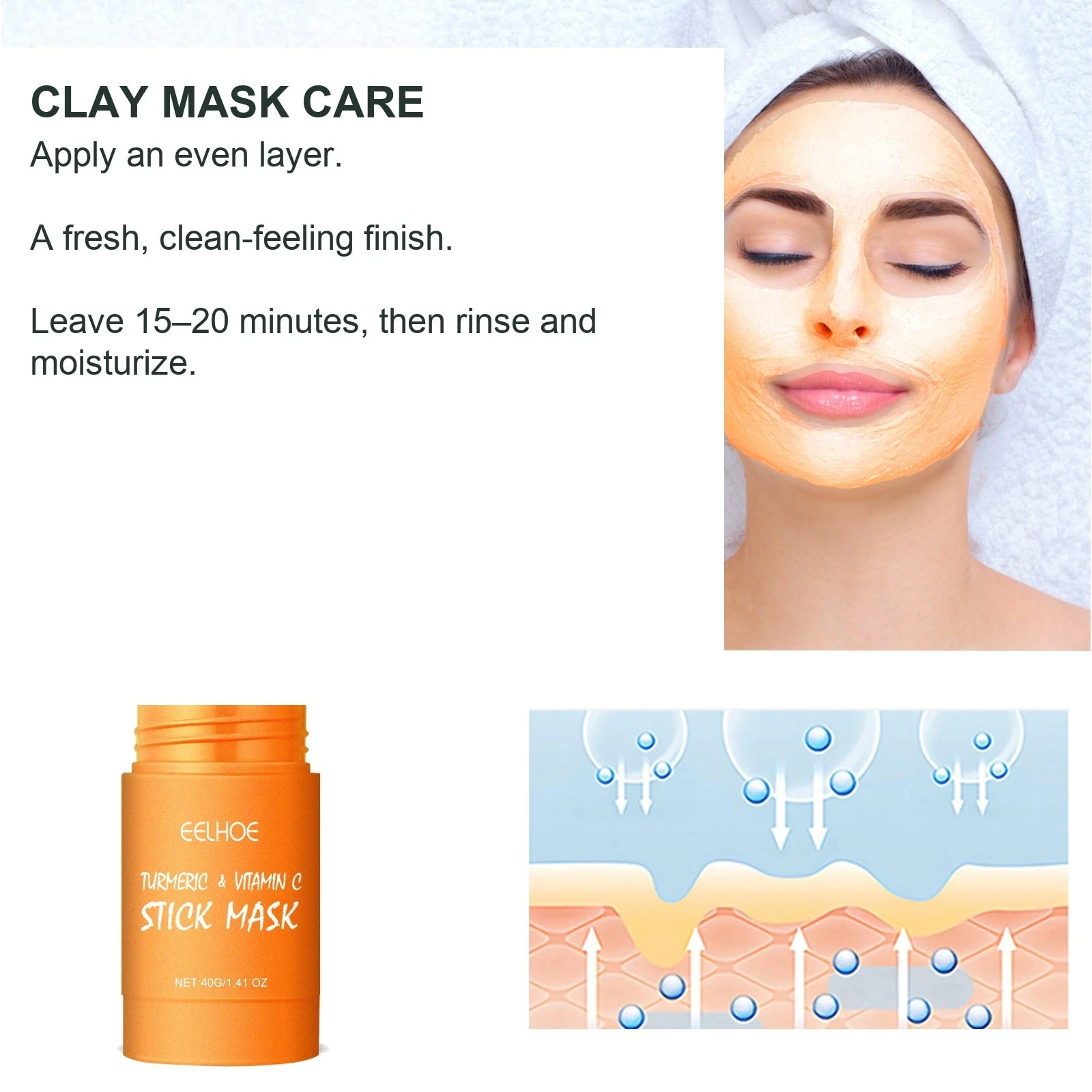 EELHOE Clay Mask Stick — Clay-mask application and skin-care illustration.