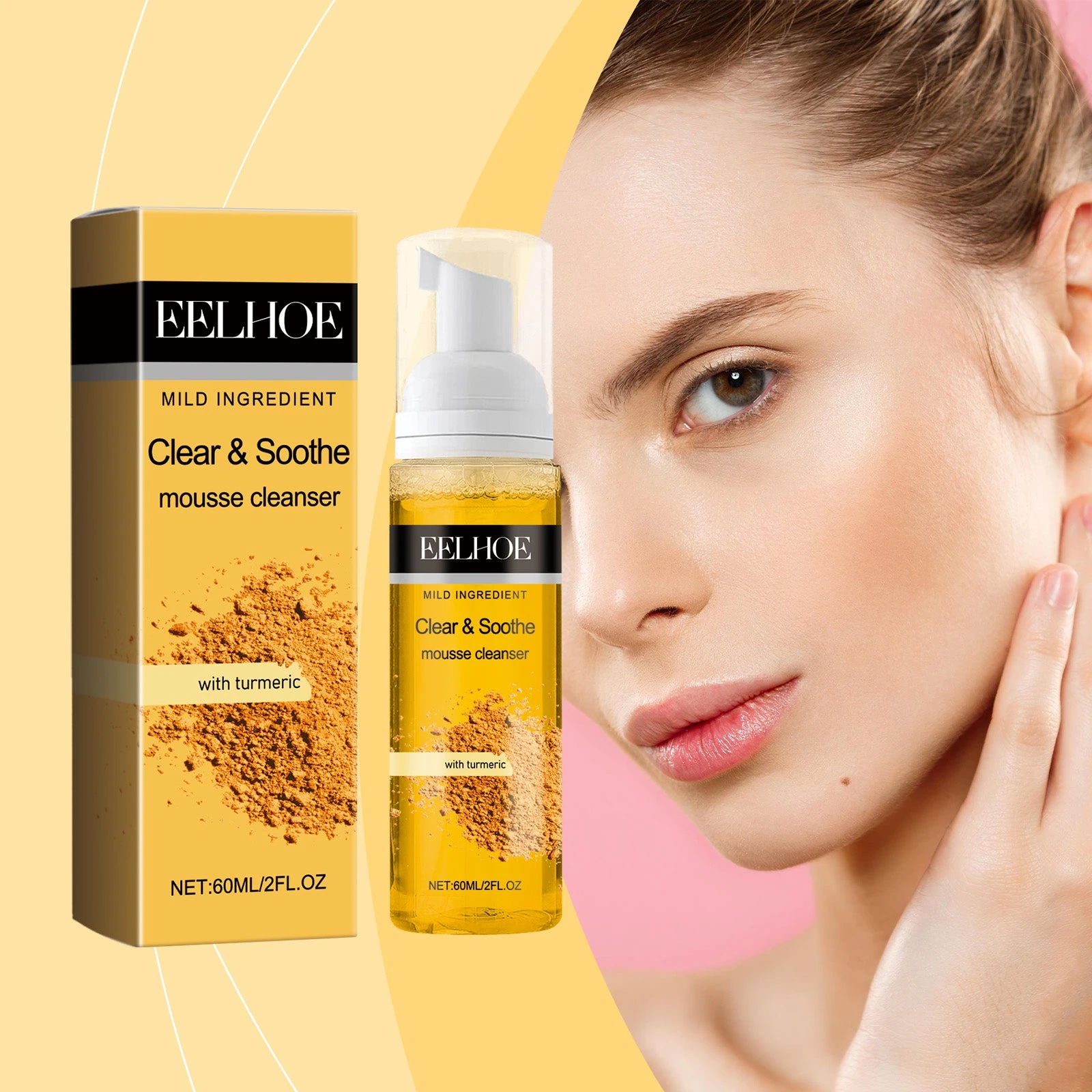 Turmeric foaming cleanser and carton beside a model