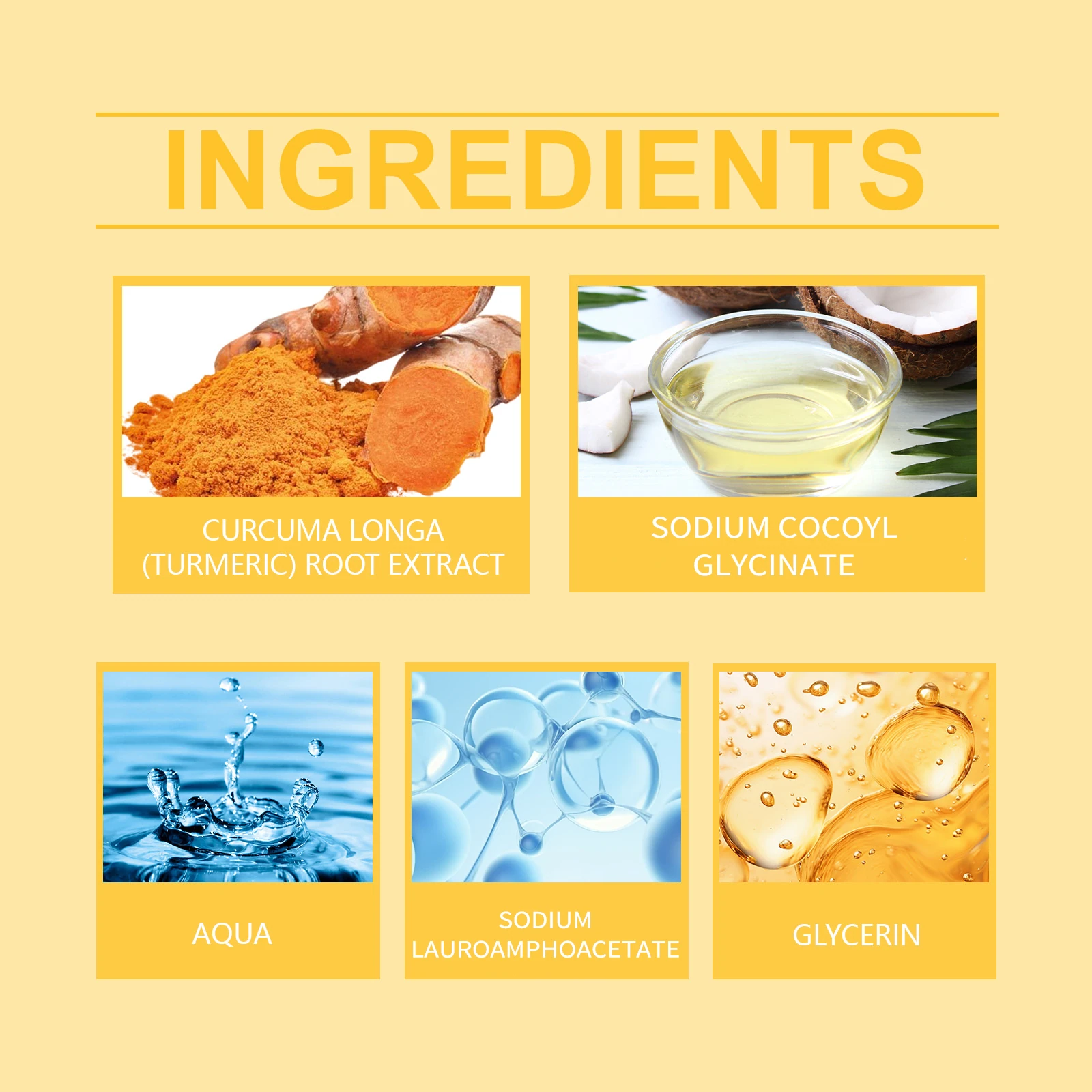 Foaming cleanser ingredients showing turmeric, glycerin and cleansing ingredients
