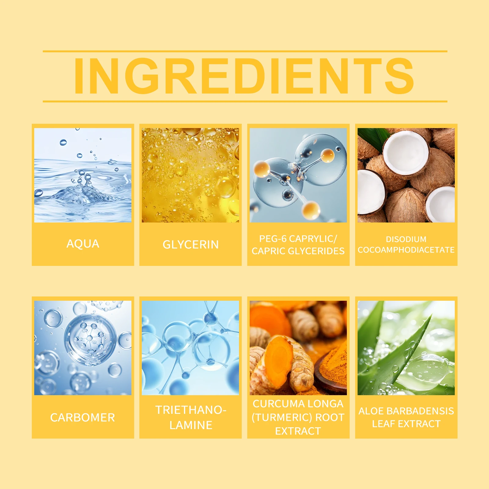 Ingredient panel for turmeric jelly cleanser with glycerin, aloe and cleansing ingredients