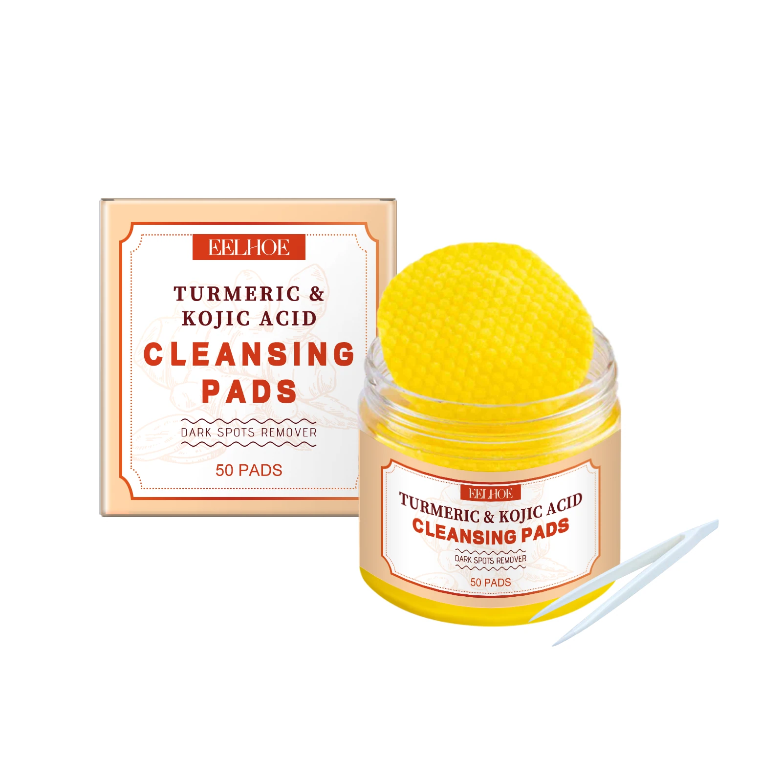 EELHOE jar of 50 turmeric facial pads with tweezers and carton