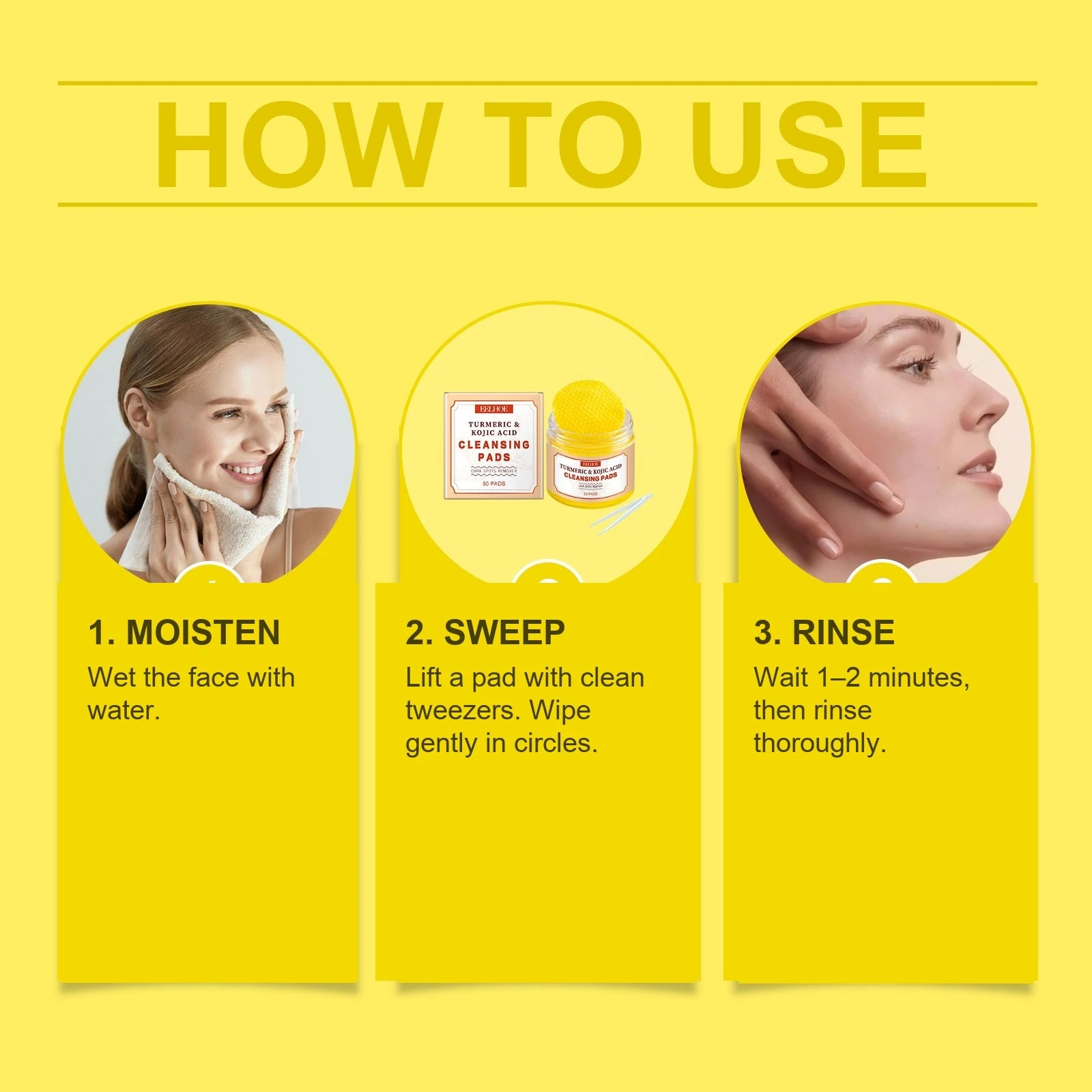 Directions showing tweezers, gentle application and rinsing after 1–2 minutes
