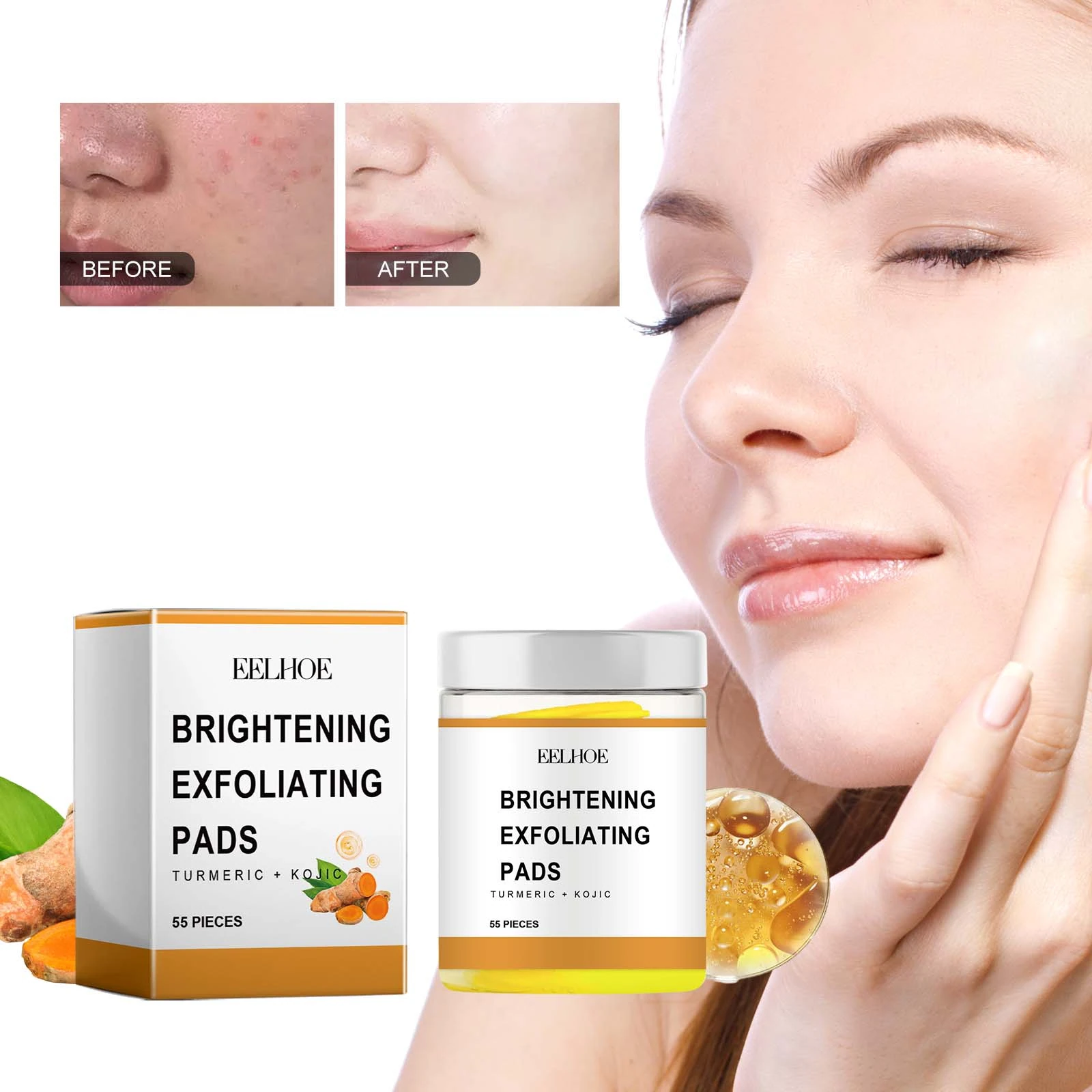 EELHOE Turmeric And Kojic Acid Pads — Exfoliating-pad artwork with the product jar.