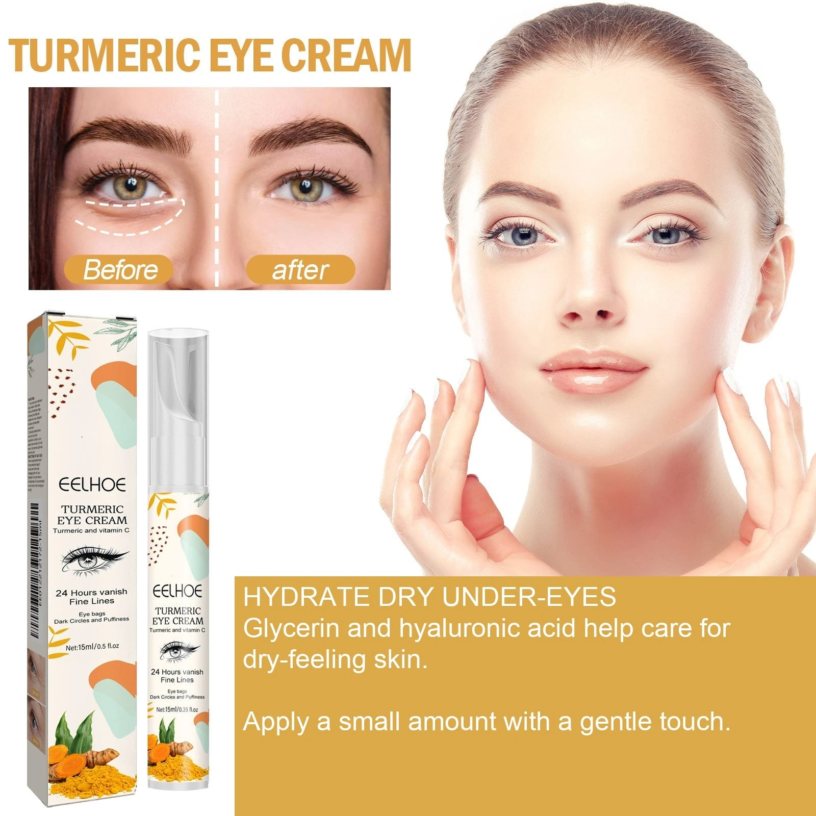 EELHOE Turmeric Eye Cream — Use the eye cream around the eyes and separate serum on the rest of the face.