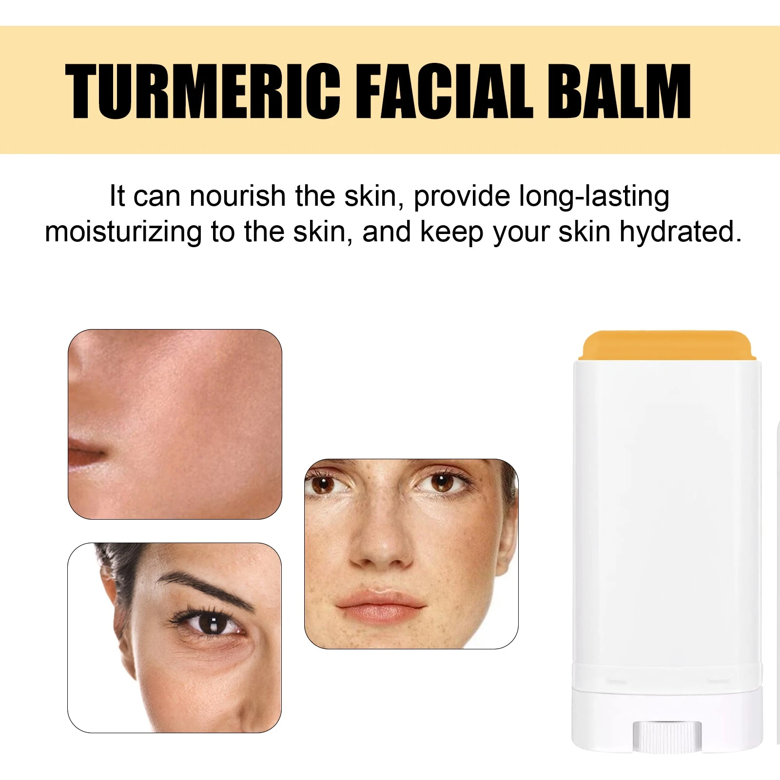 Facial balm stick with facial skin close-ups in moisture artwork