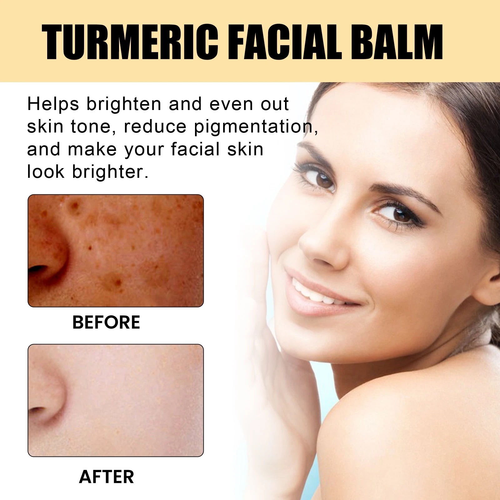 Model and facial comparison photographs in turmeric balm artwork