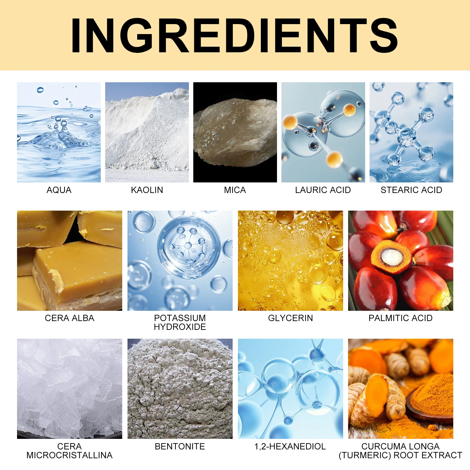 Facial balm ingredient panel including glycerin, cera alba and turmeric root extract