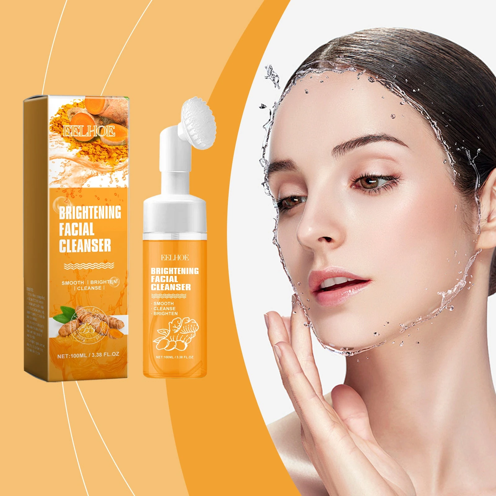 Turmeric facial cleanser bottle beside a model washing her face