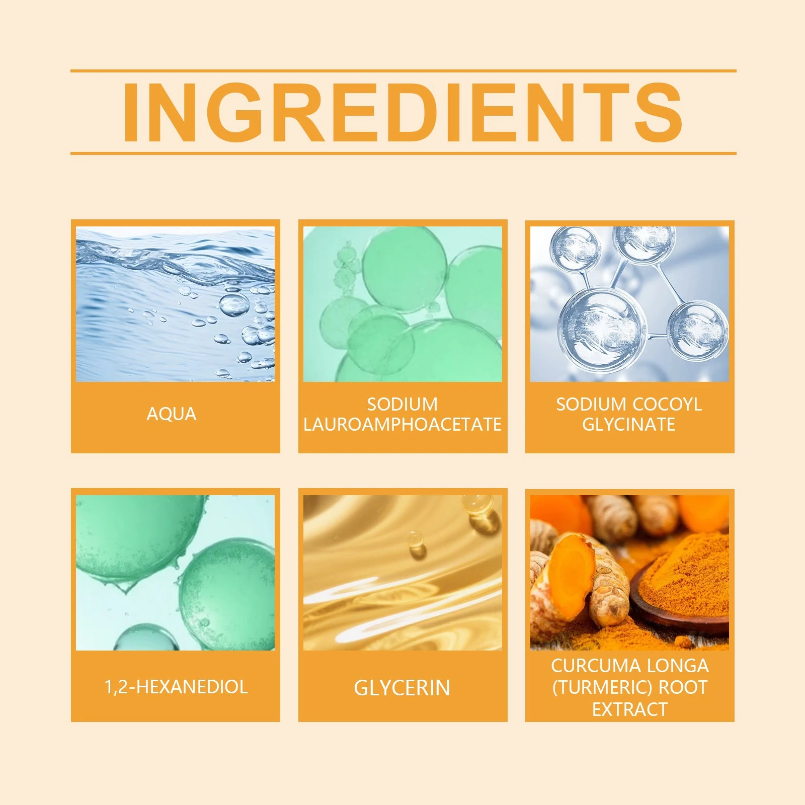 Cleanser ingredient panel with glycerin, turmeric and two cleansing ingredients