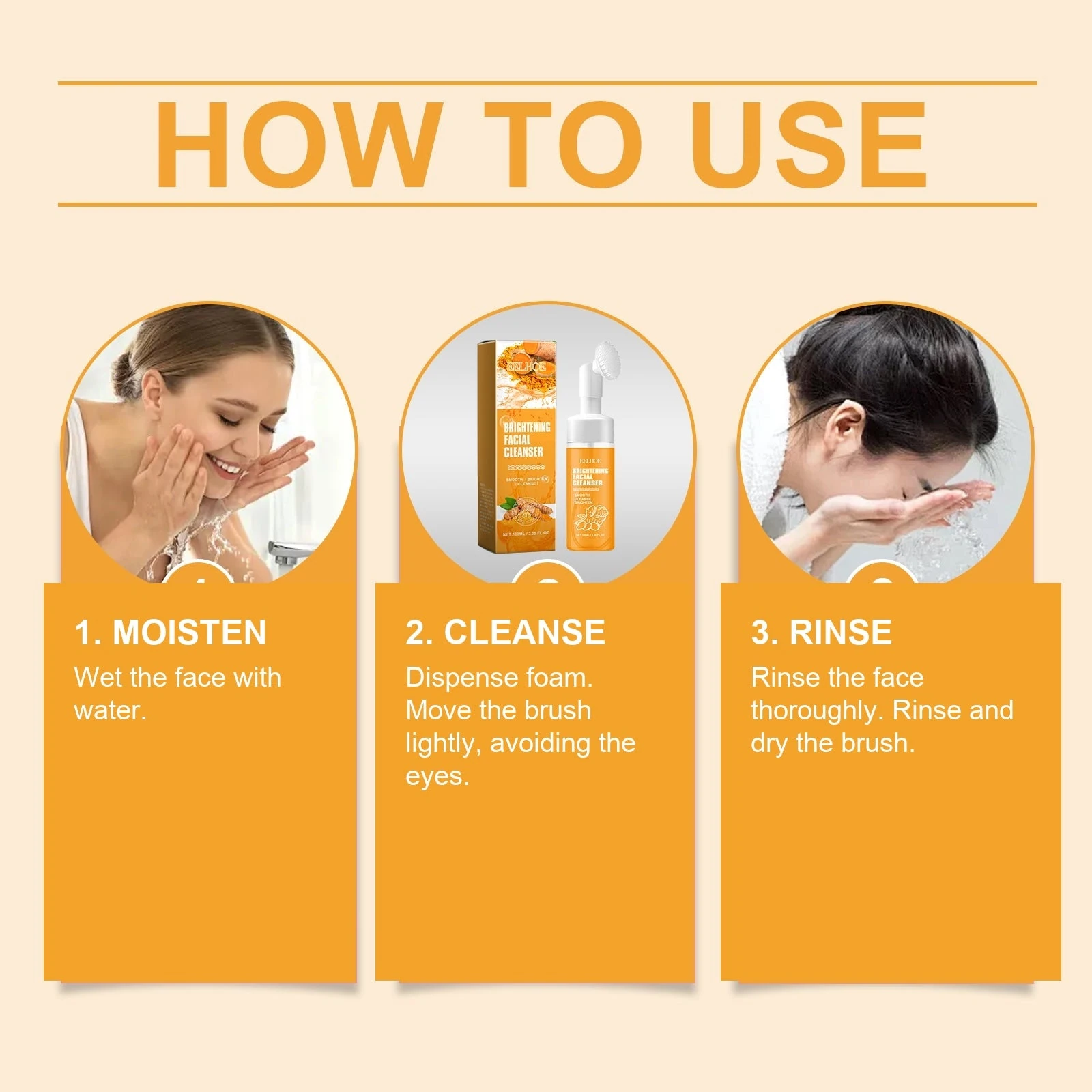 Directions to moisten the face, spread foam with the brush and rinse