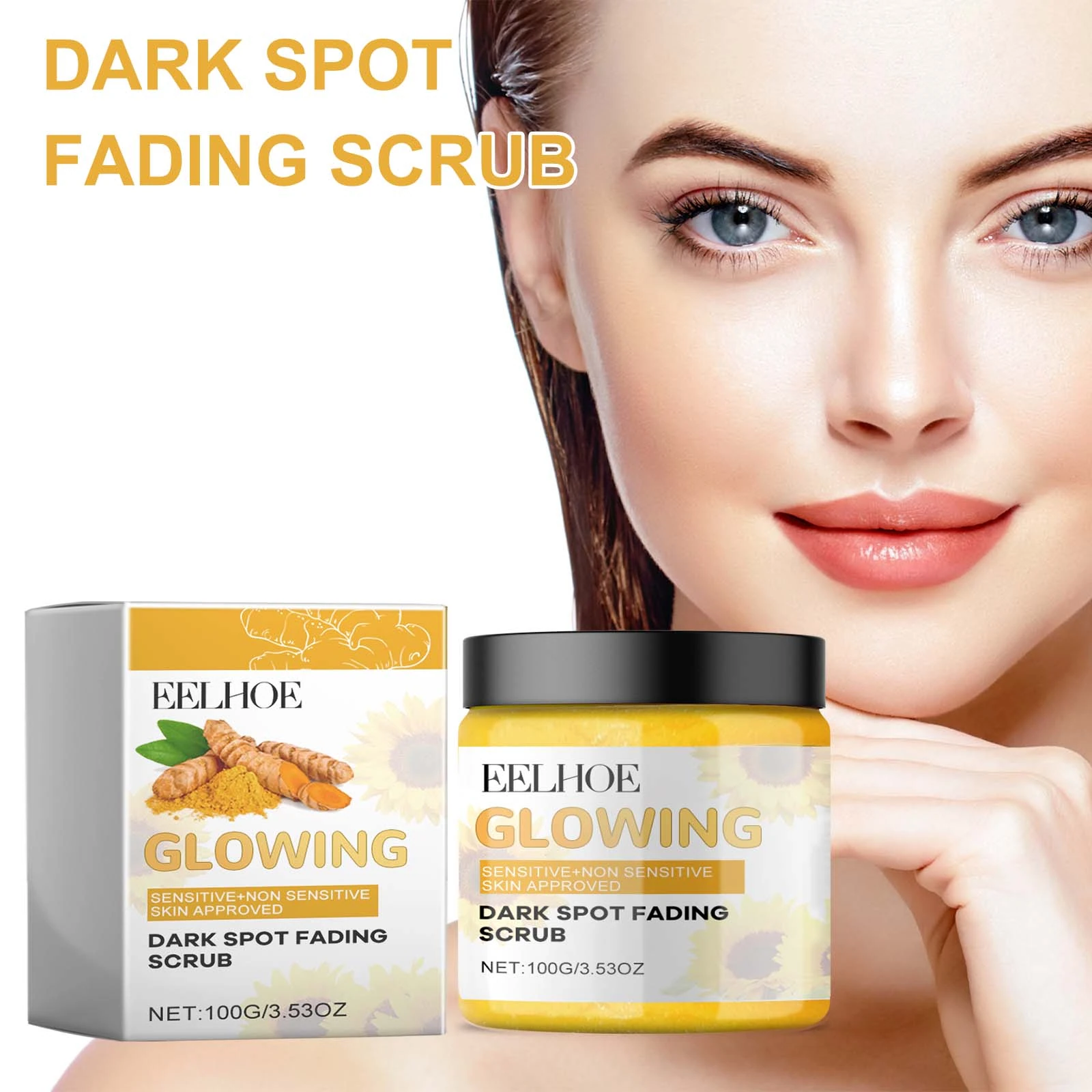 EELHOE Turmeric Facial Scrub — The 100g jar is labelled Dark Spot Fading Scrub.