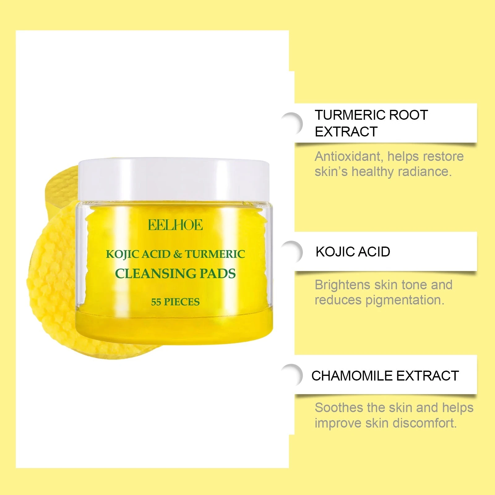Yellow 55-pad jar with turmeric, kojic acid and chamomile ingredient highlights