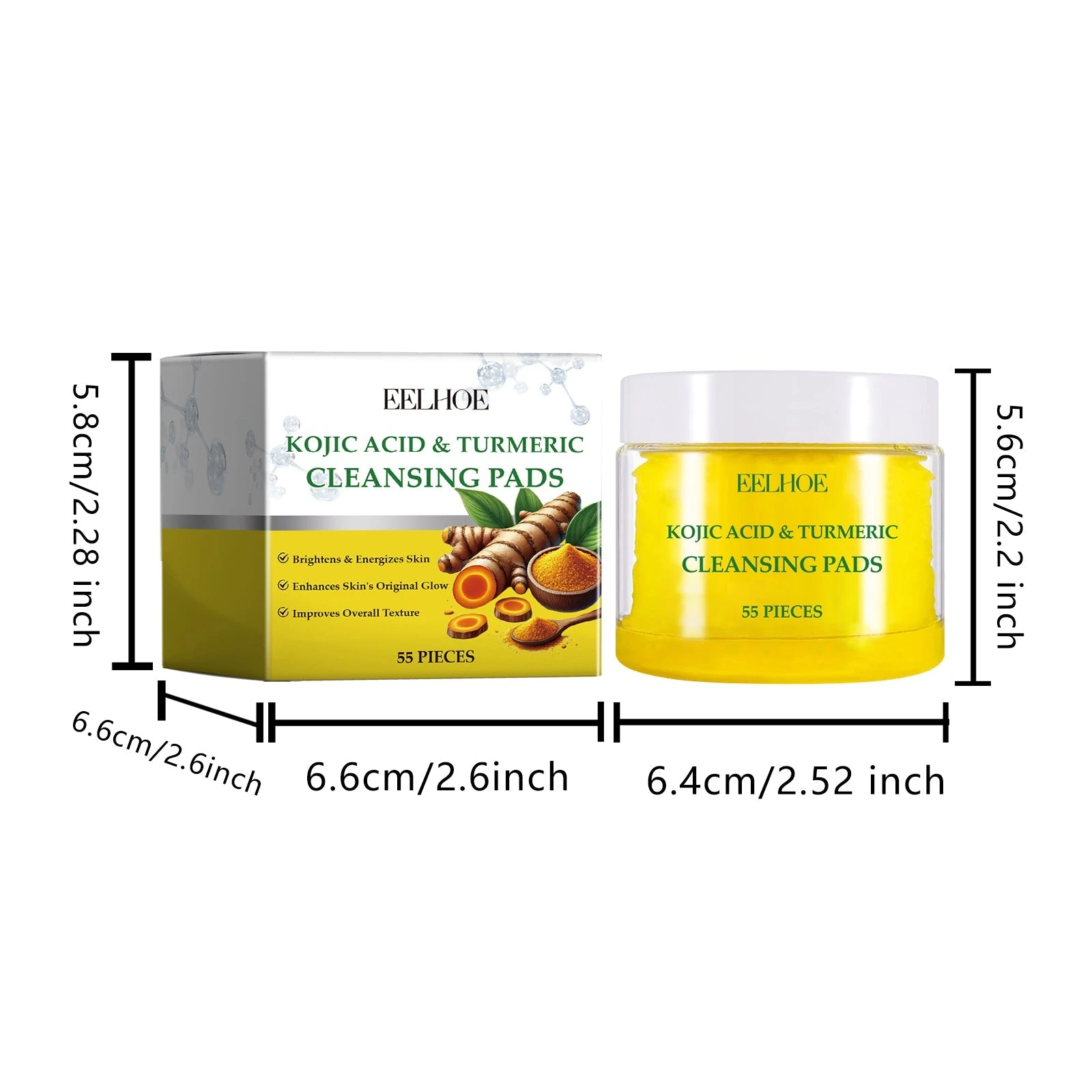 Yellow 55-pad cleansing jar and matching box with dimensions