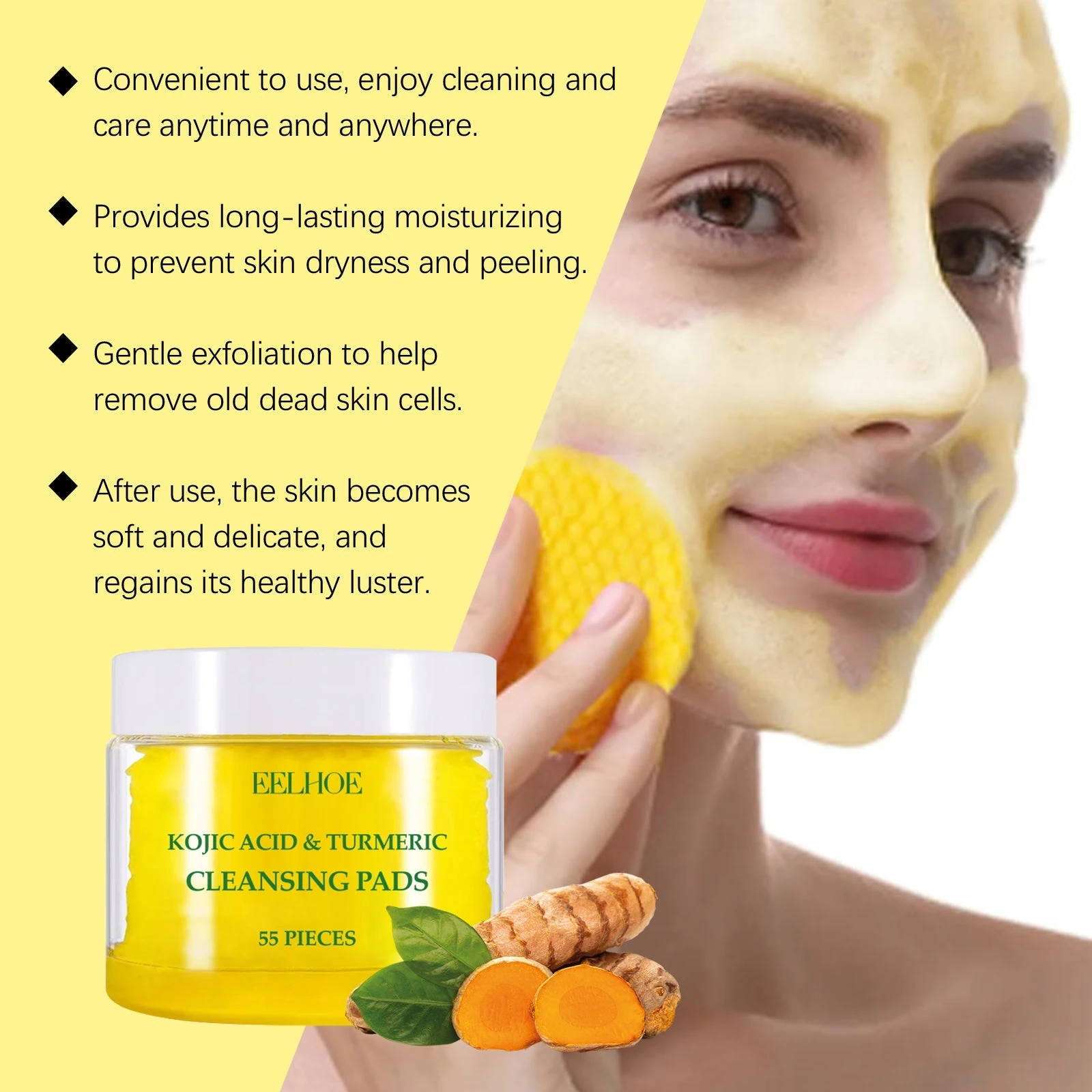 Yellow-jar cleansing pads shown during gentle facial application