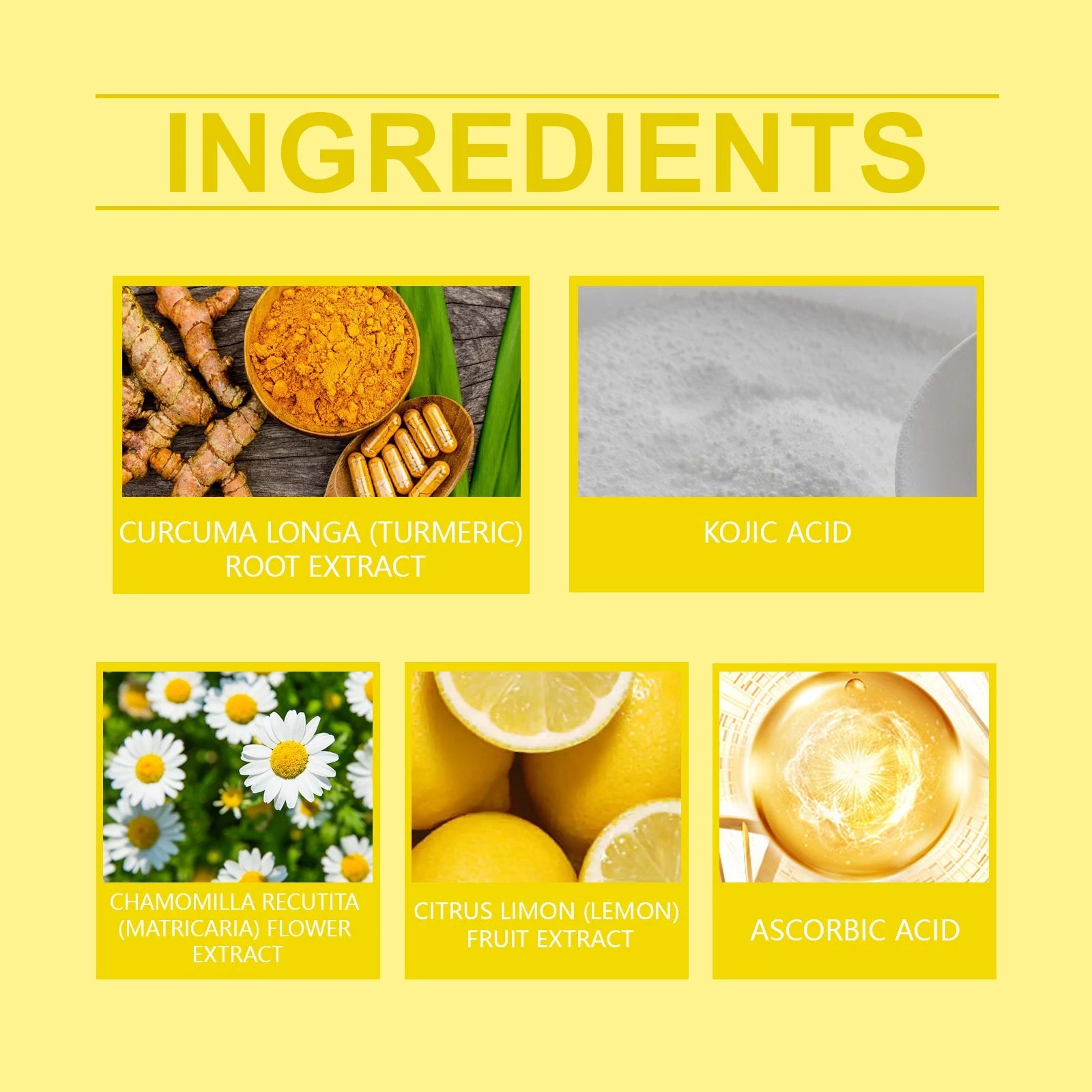 Ingredient panel for yellow-jar pads with turmeric, kojic acid, chamomile, lemon and ascorbic acid