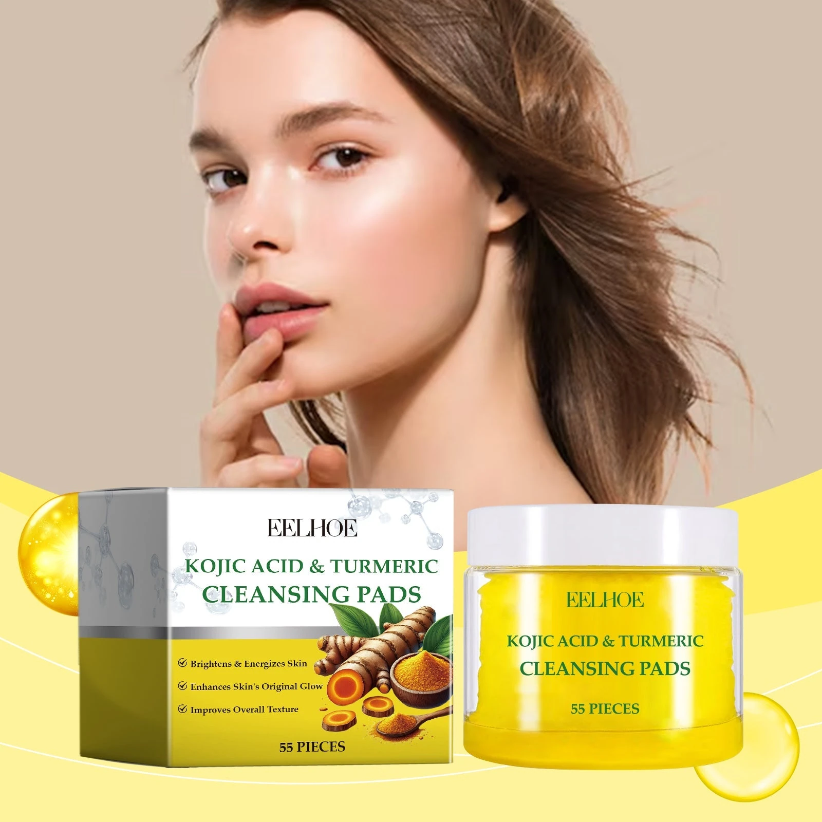 Yellow 55-count EELHOE turmeric kojic acid pads jar and box beside a model