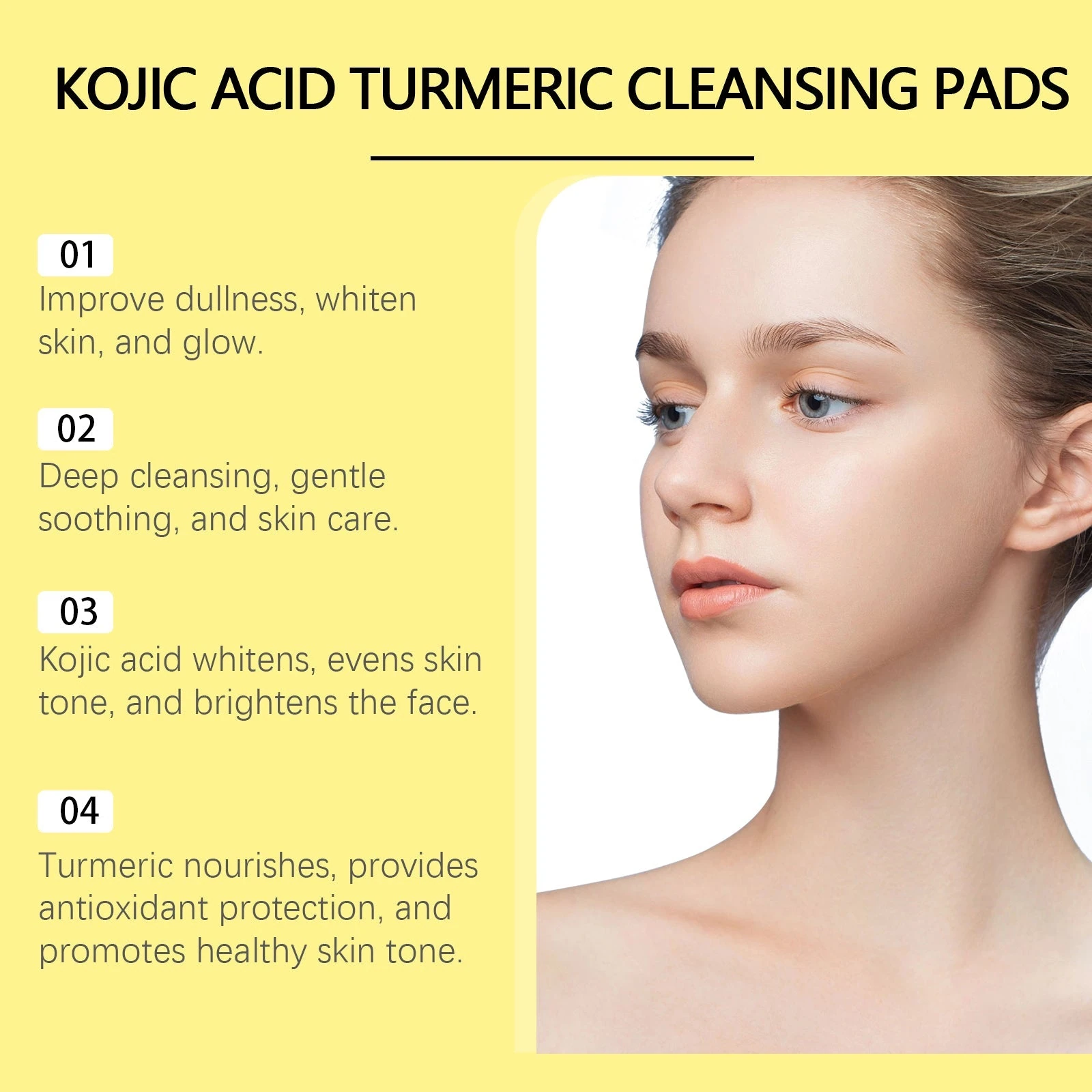 Turmeric kojic acid cleansing pads artwork outlining cleansing and brighter-looking skin benefits