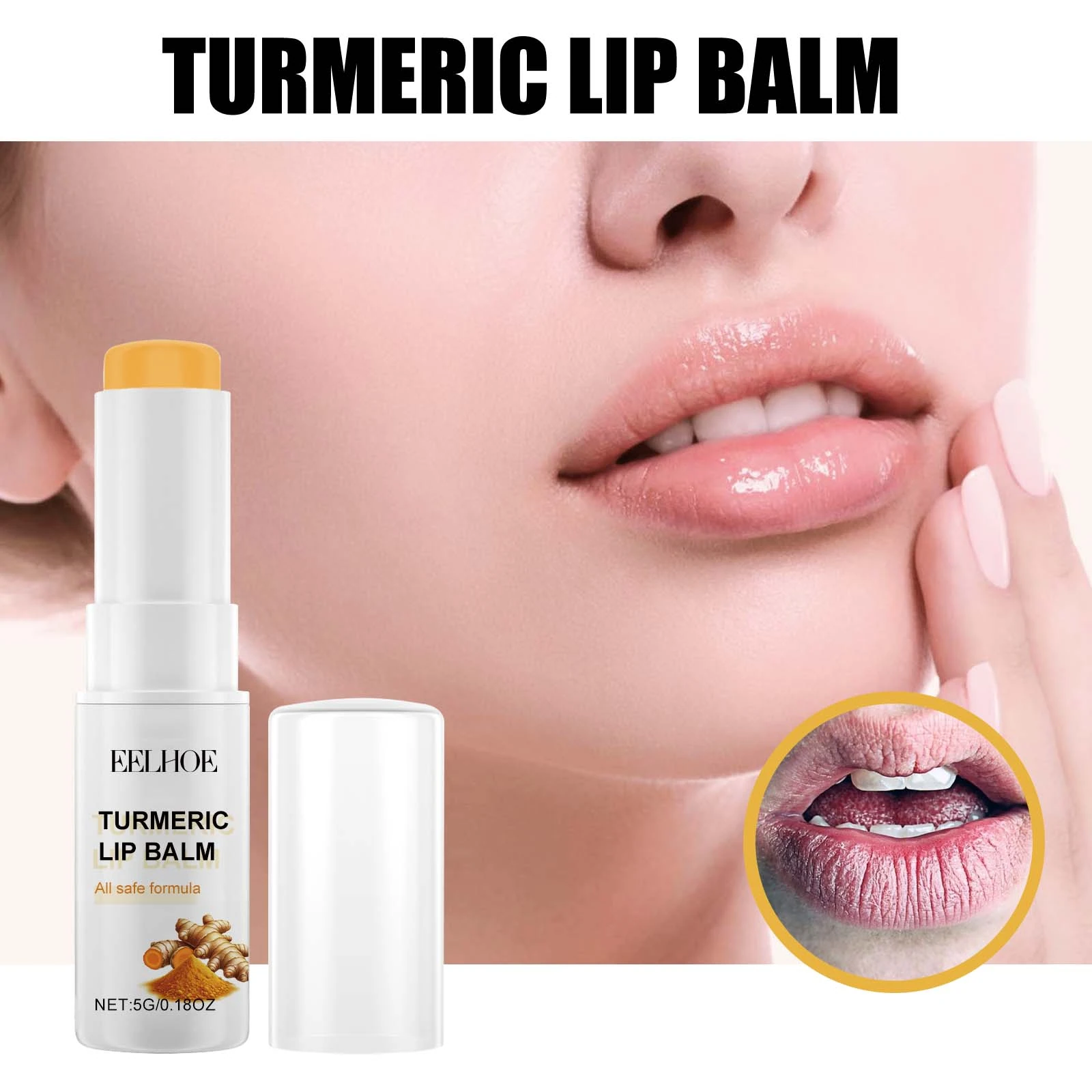 Lip balm artwork showing the stick and dry-feeling lips