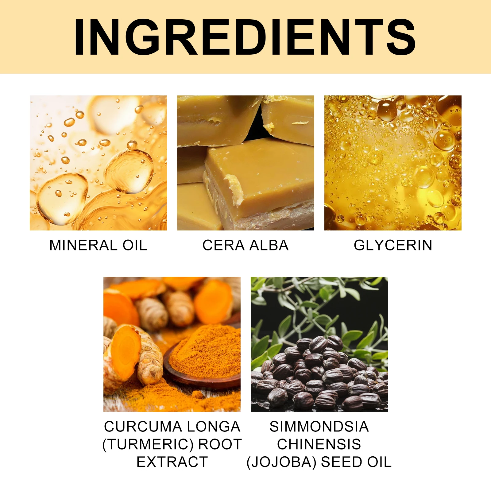 Lip balm ingredient panel with mineral oil, beeswax, glycerin, turmeric and jojoba