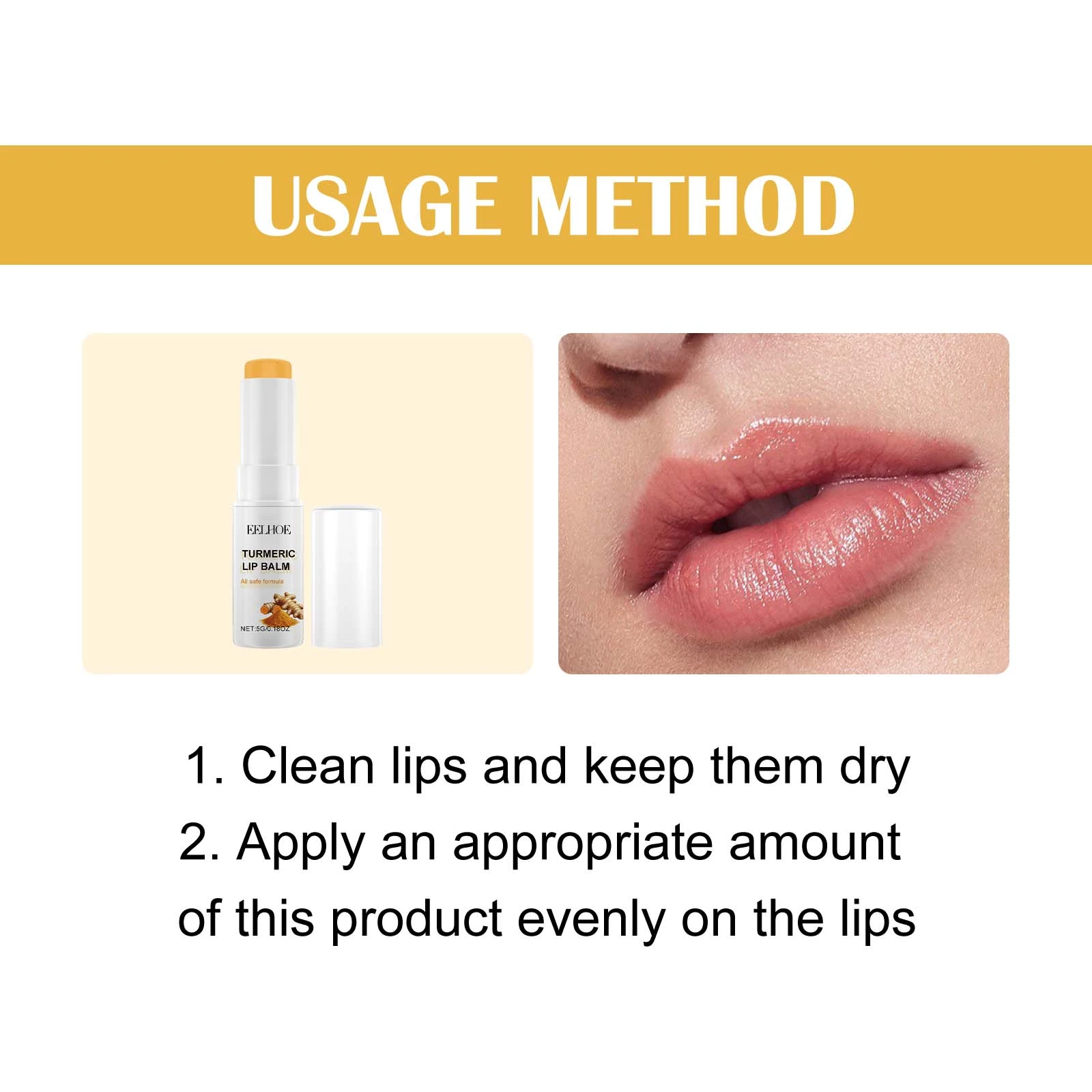 Two-step guide to cleaning the lips and applying an even layer of balm