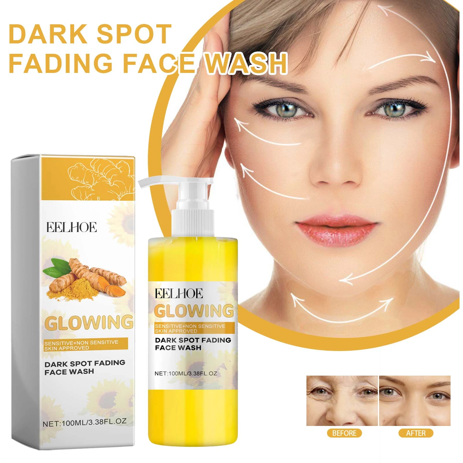 EELHOE Turmeric Face Wash — Pump face wash with facial skin-care photography.